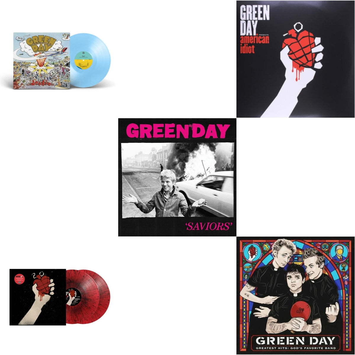 Dookie (X) (Baby Blue LP Vinyl) & American Idiot (2LP/Red & Black Splatter Vinyl) & Saviors (180G/Deluxe LP Vinyl) & American Idiot & Greatest Hits: God's Favorite Band (X)