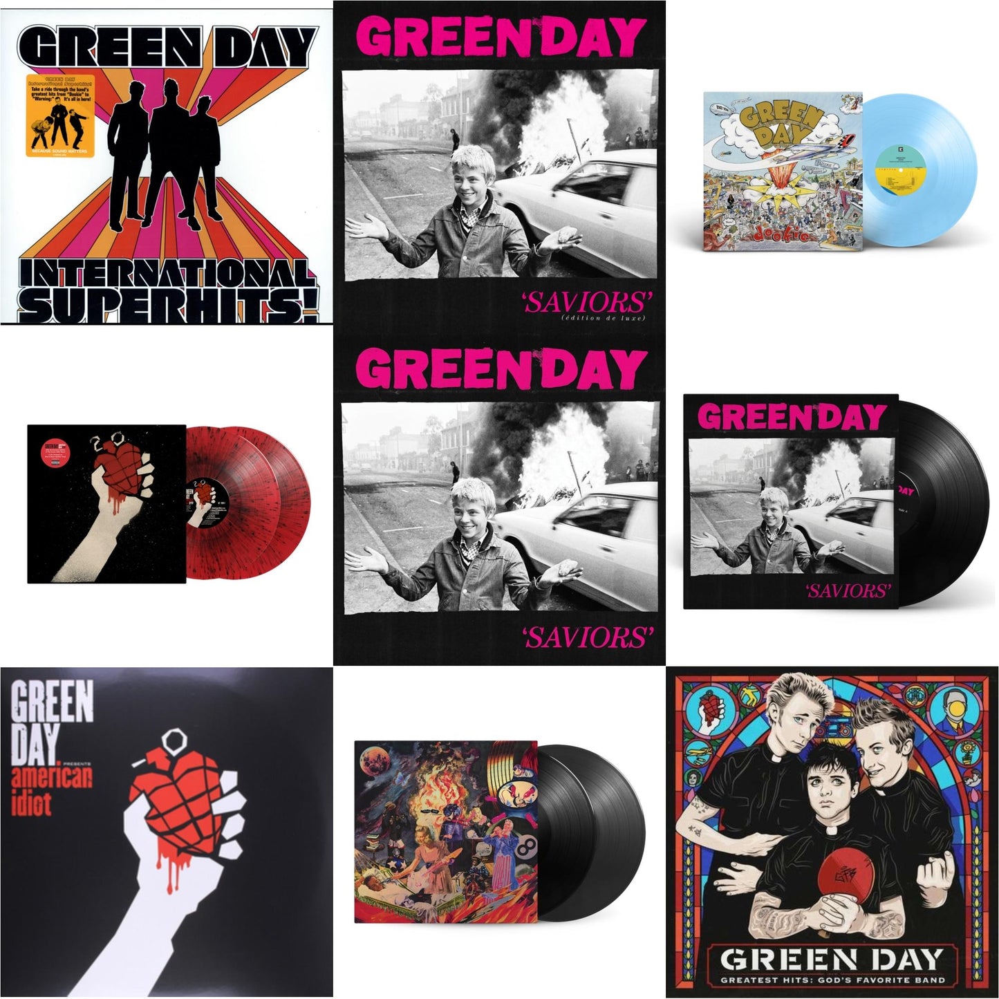 Green Day - International Superhits & Saviors (Edition De Luxe/2LP/Hot Pink W/ White Splatter Vinyl) & Dookie (X) (Baby Blue LP Vinyl) & American Idiot (2LP/Red & Black Splatter Vinyl) & Saviors (180G/Deluxe LP Vinyl) & Saviors & American Idiot &