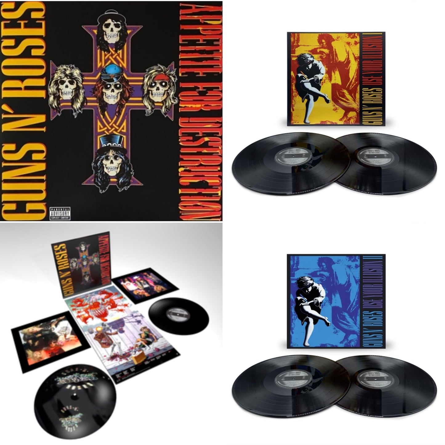 This is a 4 LP Vinyl SKU bundle.
1.This LP Vinyl is brand new.Format: LP VinylMusic Style: Hard RockThis item's title is: Appetite For DestructionArtist: Guns N' RosesLabel: GEFFENBarcode: 720642414811Release Date: 12/9/2008
2.This LP Vinyl is brand new.