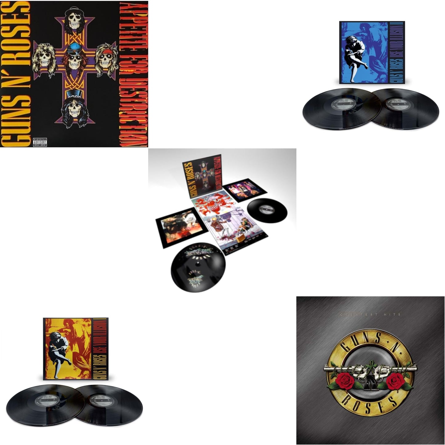 This is a 5 LP Vinyl SKU bundle.
1.This LP Vinyl is brand new.Format: LP VinylMusic Style: Hard RockThis item's title is: Appetite For DestructionArtist: Guns N' RosesLabel: GEFFENBarcode: 720642414811Release Date: 12/9/2008
2.This LP Vinyl is brand new.