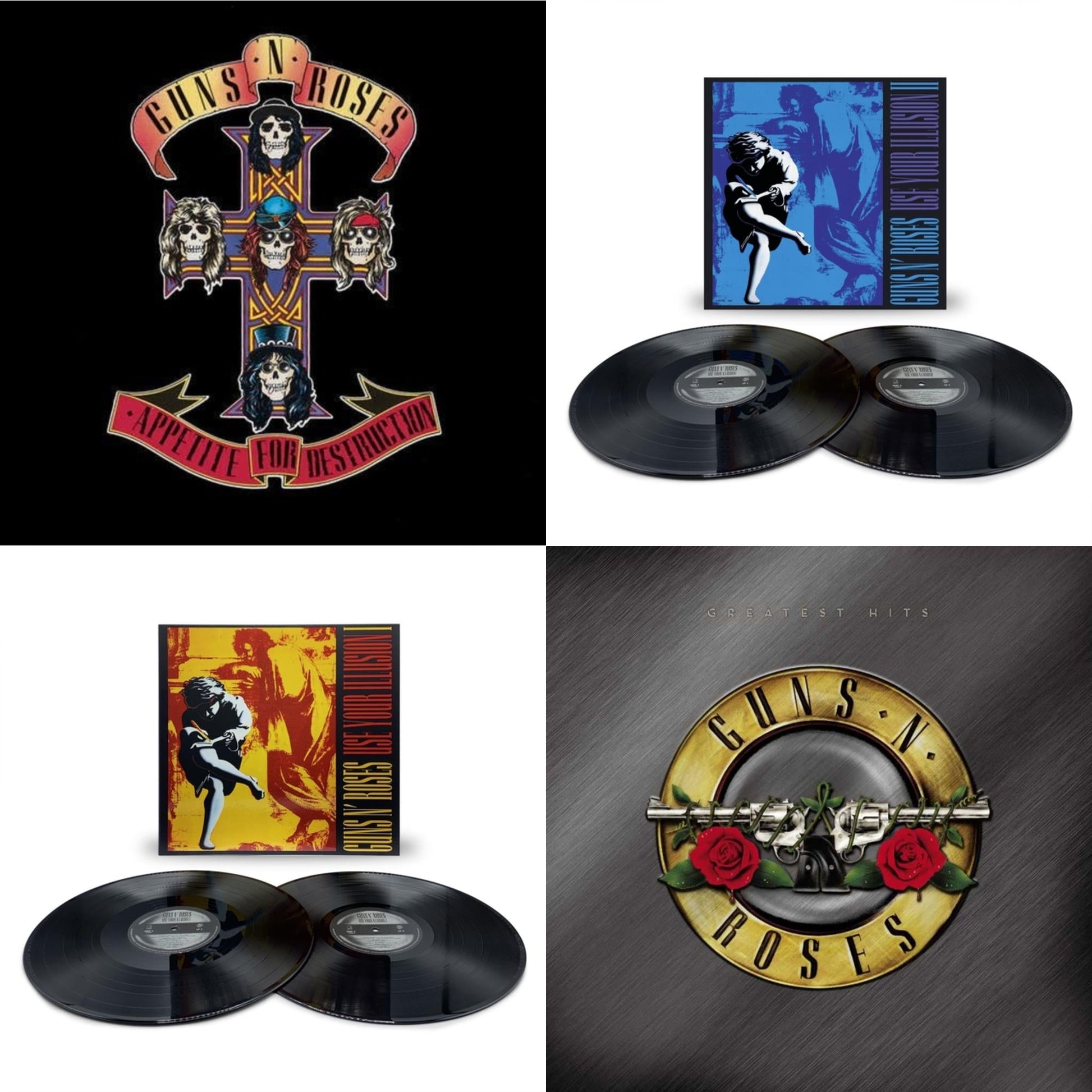 This is a 4 LP Vinyl SKU bundle.
1.This LP Vinyl is brand new.Format: LP VinylMusic Style: Hard RockThis item's title is: Appetite For DestructionArtist: Guns N' RosesLabel: GEFFENBarcode: 720642414811Release Date: 12/9/2008
2.This LP Vinyl is brand new.