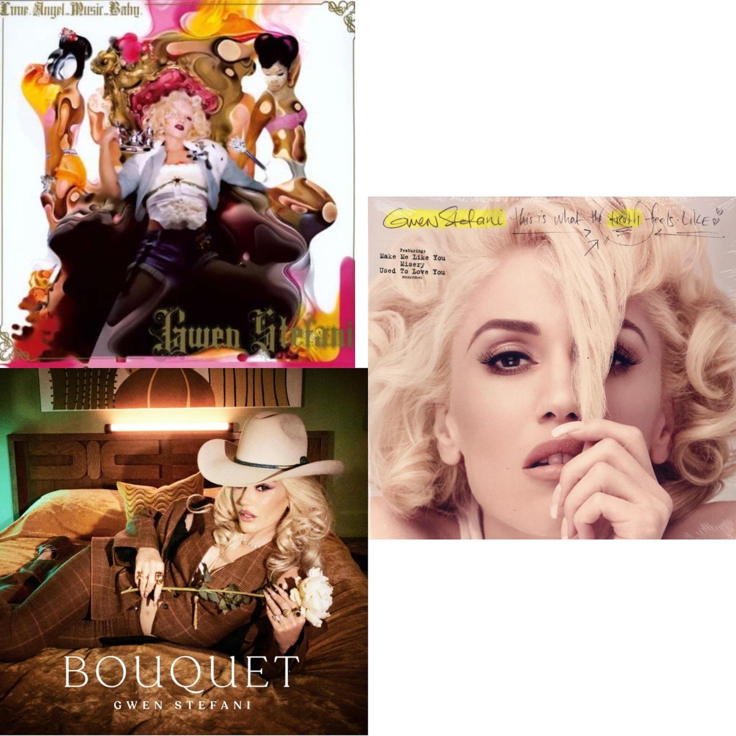 This is a 3 LP Vinyl SKU bundle.
1.This LP Vinyl is brand new.Format: LP VinylMusic Style: HouseThis item's title is: Love Angel Music BabyArtist: Gwen StefaniLabel: Interscope RecordsBarcode: 075021031432Release Date: 11/23/2004
2.This LP Vinyl is brand new.