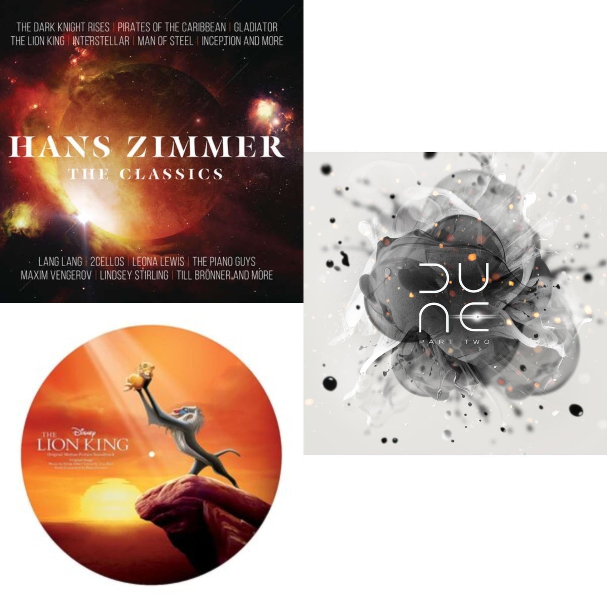 This is a 3 LP Vinyl SKU bundle.
1.This LP Vinyl is brand new.Format: LP VinylMusic Style: ScoreThis item's title is: Lion King Ost (Picture Disc)Artist: Hans ZimmerLabel: WALT DISNEY RECORDSBarcode: 050087304607Release Date: 3/24/2017
2.This LP Vinyl is brand new.