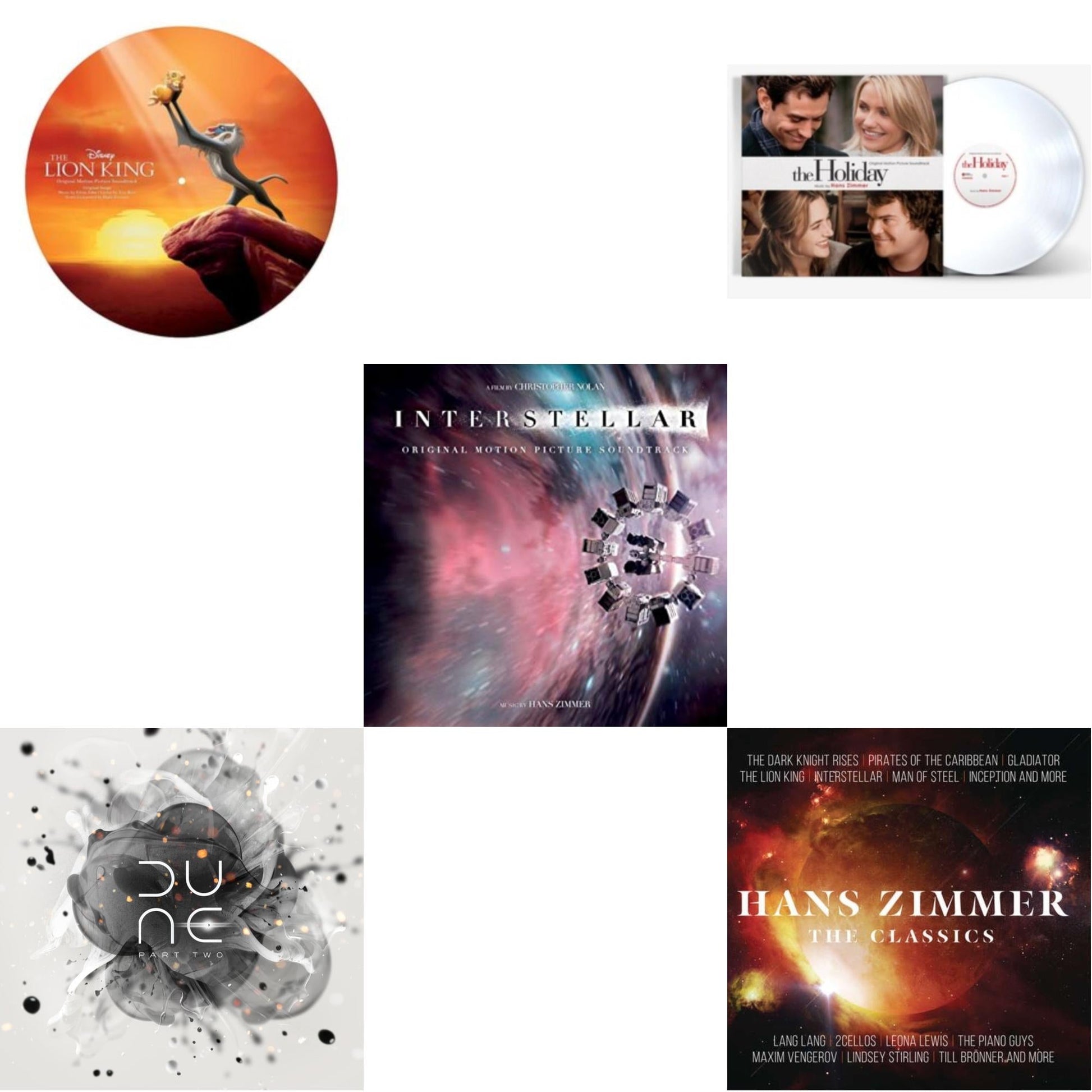 This is a 5 LP Vinyl SKU bundle.
1.This LP Vinyl is brand new.Format: LP VinylMusic Style: ScoreThis item's title is: Lion King Ost (Picture Disc)Artist: Hans ZimmerLabel: WALT DISNEY RECORDSBarcode: 050087304607Release Date: 3/24/2017
2.This LP Vinyl is brand new.