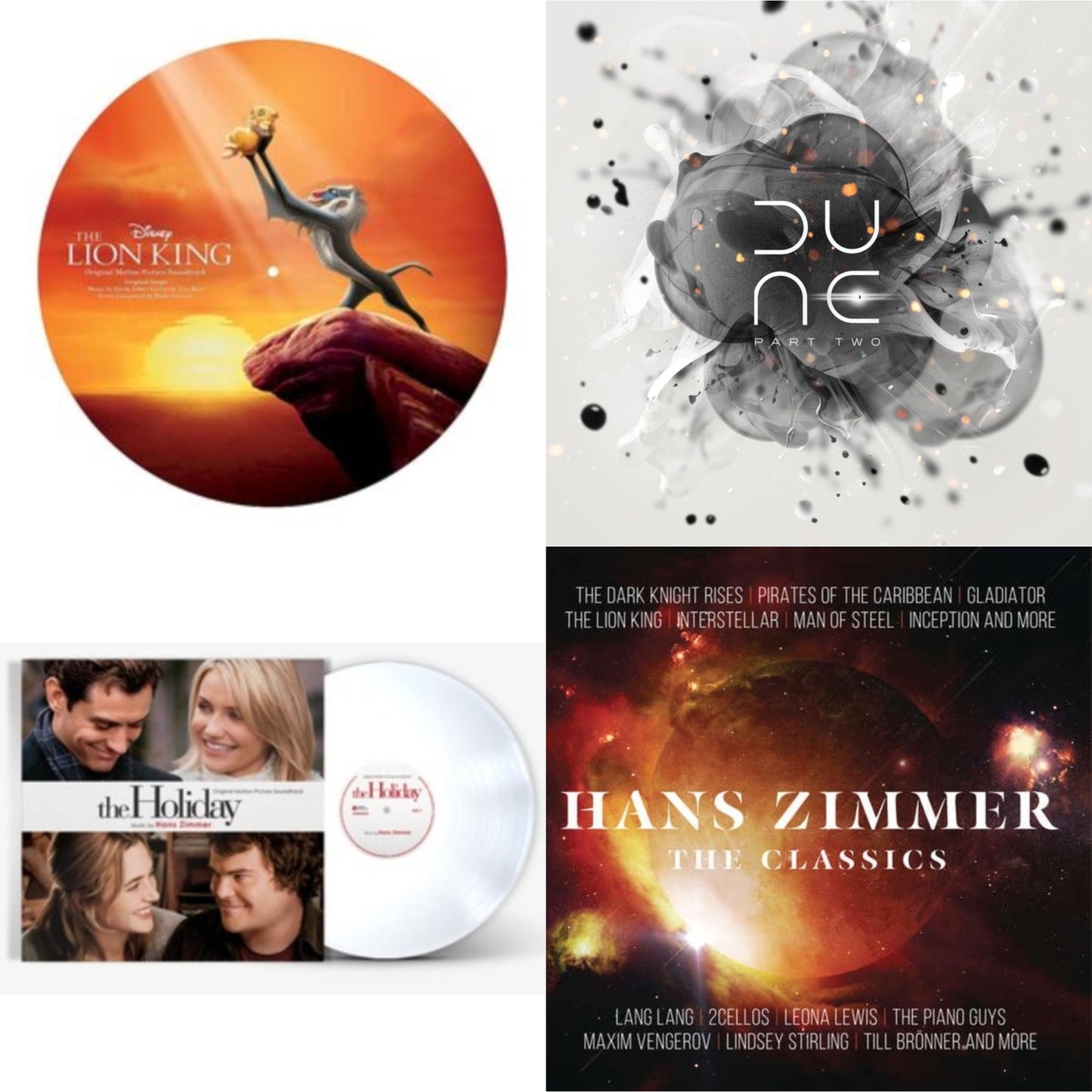This is a 4 LP Vinyl SKU bundle.
1.This LP Vinyl is brand new.Format: LP VinylMusic Style: ScoreThis item's title is: Lion King Ost (Picture Disc)Artist: Hans ZimmerLabel: WALT DISNEY RECORDSBarcode: 050087304607Release Date: 3/24/2017
2.This LP Vinyl is brand new.