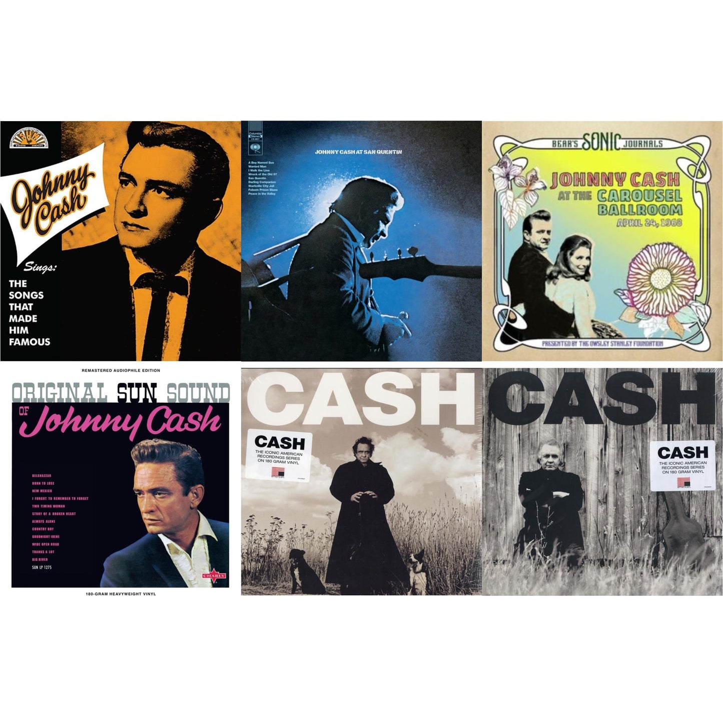 Johnny Cash - Sings The Songs That Made Him Famous (Remastered 2023) (Tangerine LP Vinyl) & At San Quentin & Bear's Sonic Journals: Johnny Cash, At The Carousel Ballroom, April 24, 1968 (2LP) & Original Sun Sound Of Johnny Cash & American Recordings