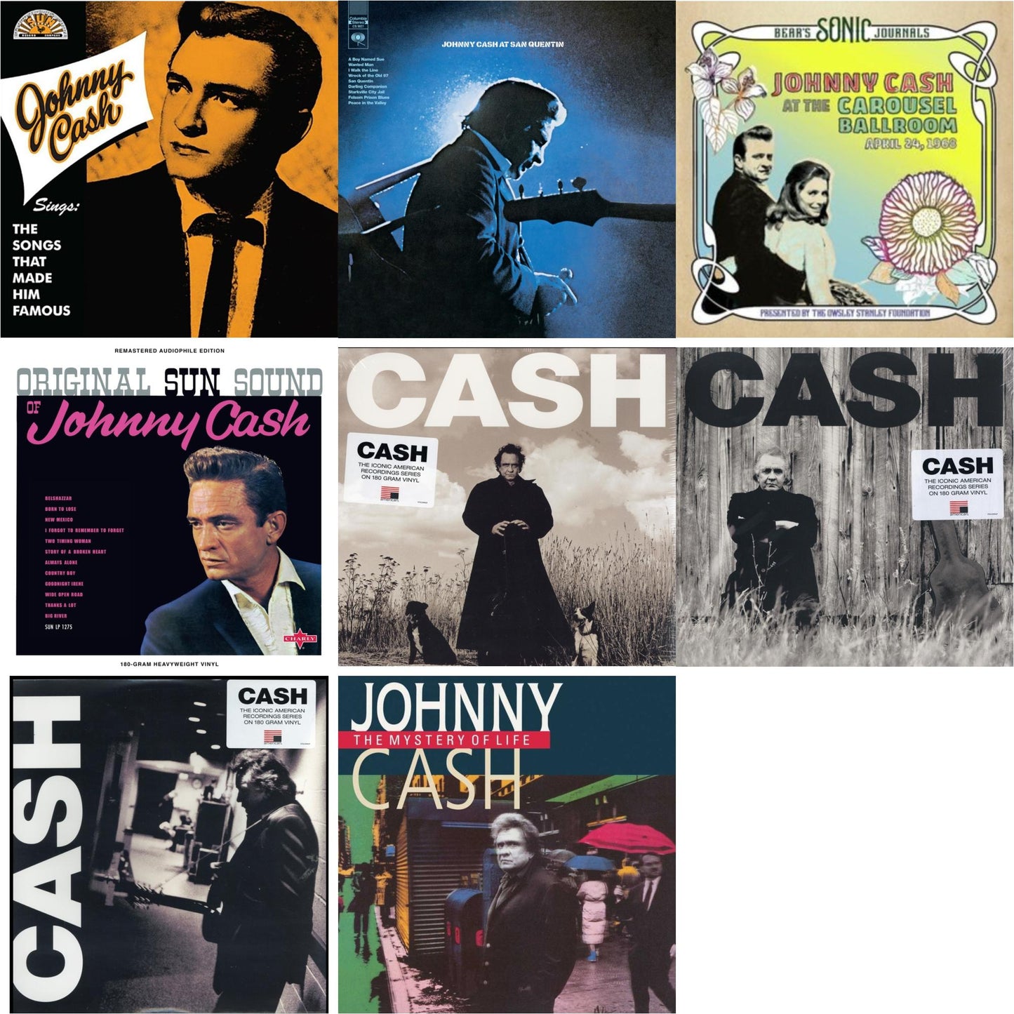 Johnny Cash - Sings The Songs That Made Him Famous (Remastered 2023) (Tangerine LP Vinyl) & At San Quentin & Bear's Sonic Journals: Johnny Cash, At The Carousel Ballroom, April 24, 1968 (2LP) & Original Sun Sound Of Johnny Cash & American Recordings