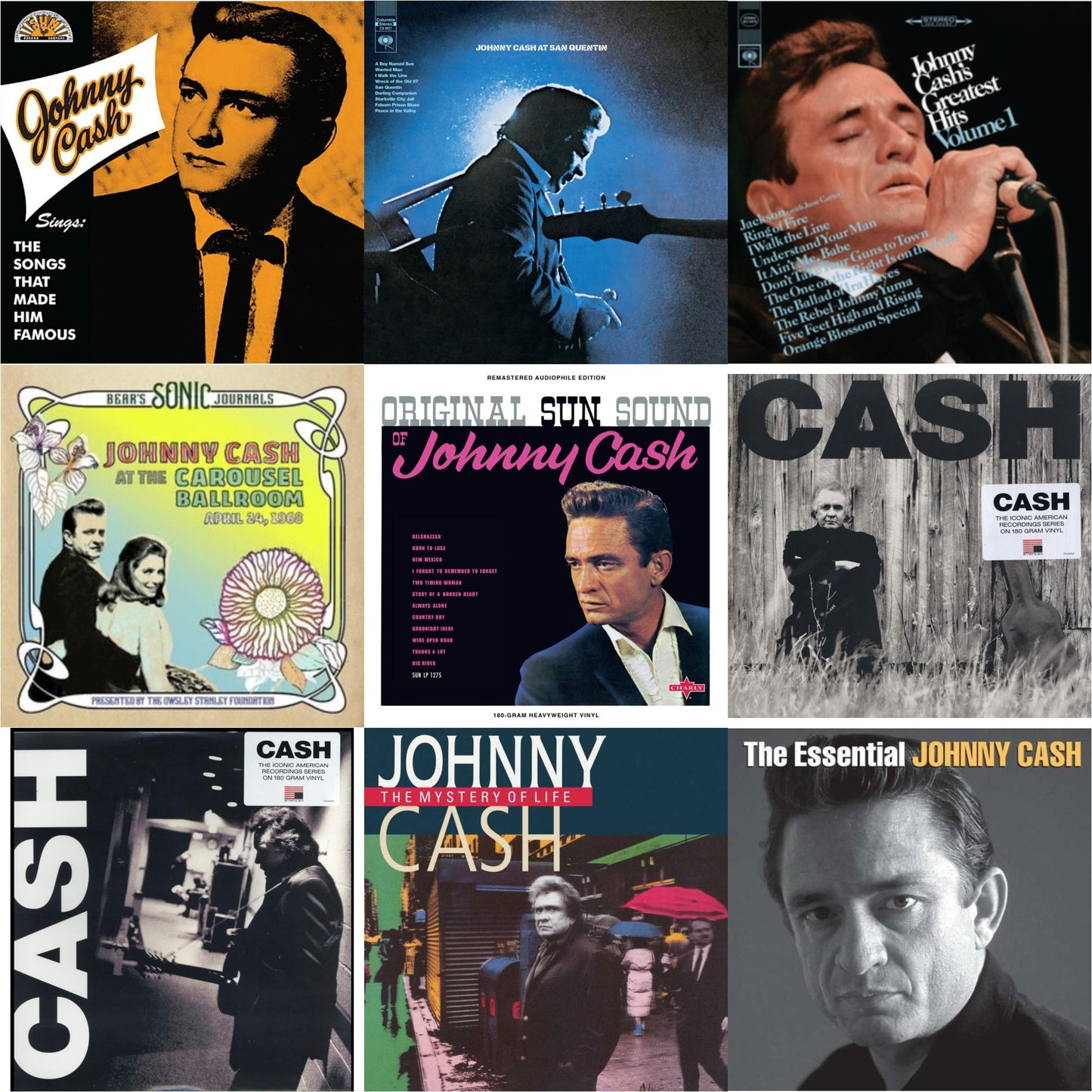 Johnny Cash - Sings The Songs That Made Him Famous (Remastered 2023) (Tangerine LP Vinyl) & At San Quentin & Greatest Hits, Volume 1 & Bear's Sonic Journals: Johnny Cash, At The Carousel Ballroom, April 24, 1968 (2LP) & Original Sun Sound Of Johnny