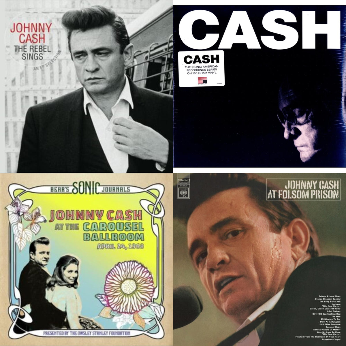 At Folsom Prison & Bear's Sonic Journals: Johnny Cash, At The Carousel Ballroom, April 24, 1968 (2LP) & American Iv: The Man Comes Around & Rebel Sings (Crystal Clear & Solid Silver LP Vinyl)