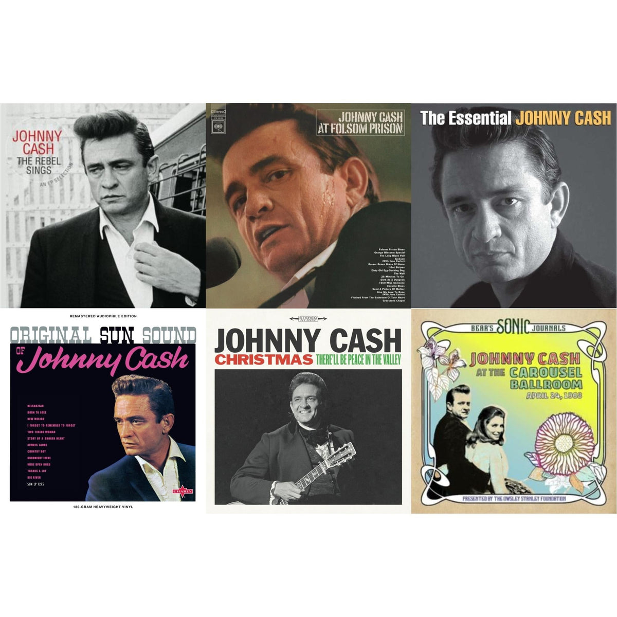 At Folsom Prison & Bear's Sonic Journals: Johnny Cash, At The Carousel Ballroom, April 24, 1968 (2LP) & Original Sun Sound Of Johnny Cash & Rebel Sings (Crystal Clear & Solid Silver LP Vinyl) & Essential Johnny Cash