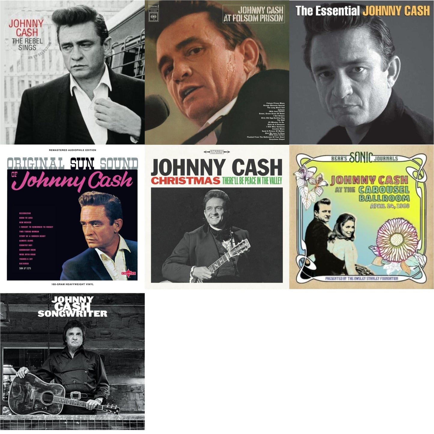 Johnny Cash - At Folsom Prison & Bear's Sonic Journals: Johnny Cash, At The Carousel Ballroom, April 24, 1968 (2LP) & Original Sun Sound Of Johnny Cash & Songwriter & Rebel Sings (Crystal Clear & Solid Silver LP Vinyl) & Essential Johnny Cash &