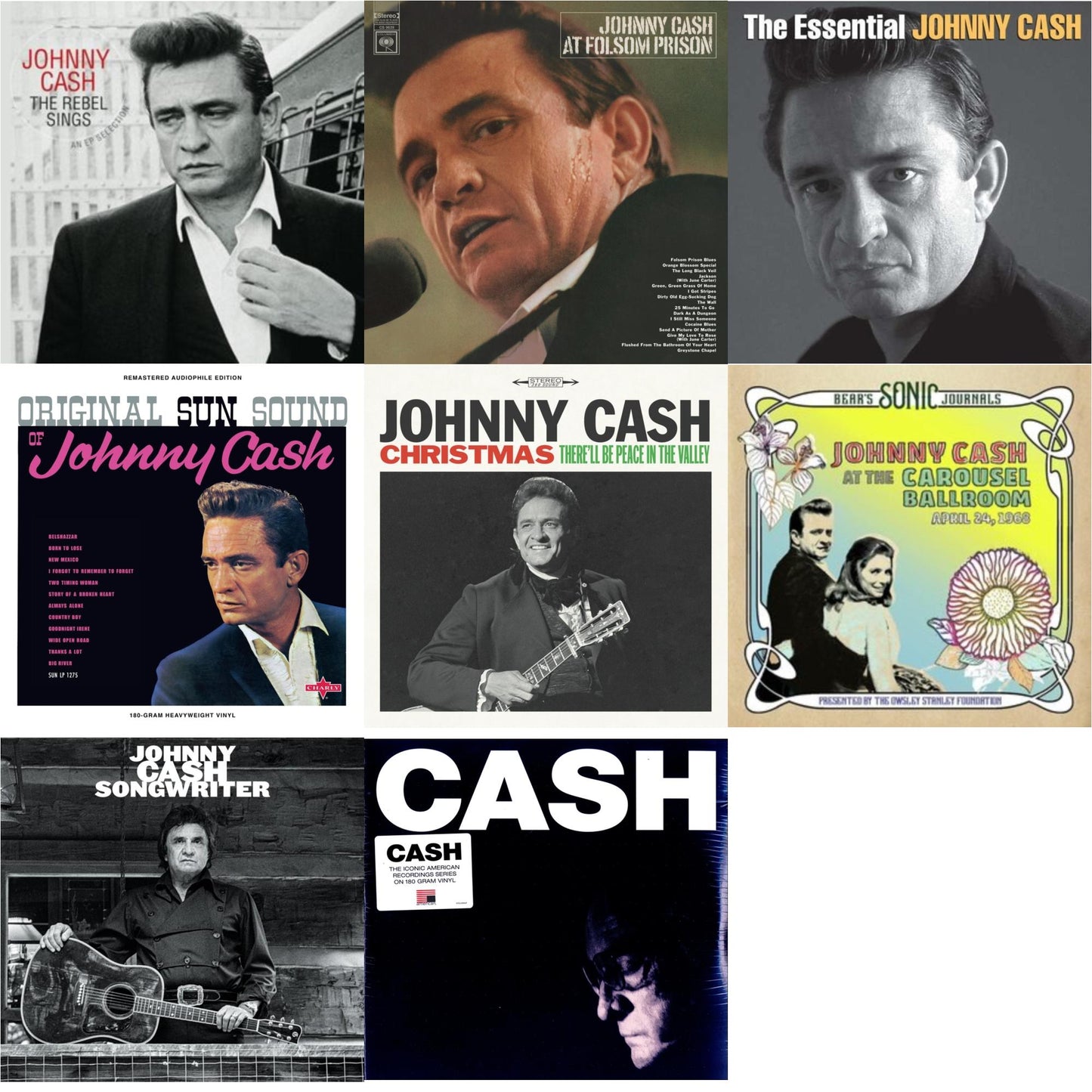 Johnny Cash - At Folsom Prison & Bear's Sonic Journals: Johnny Cash, At The Carousel Ballroom, April 24, 1968 (2LP) & Original Sun Sound Of Johnny Cash & Songwriter & American Iv: The Man Comes Around & Rebel Sings (Crystal Clear & Solid Silver LP