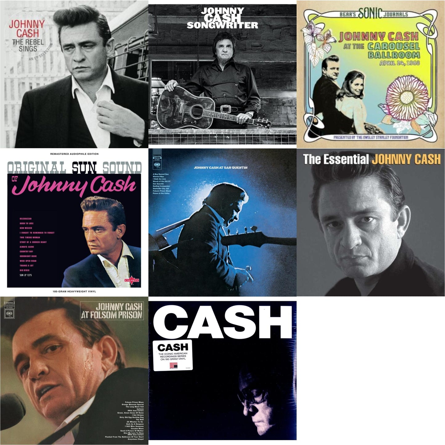 This is a 8 LP Vinyl SKU bundle.
1.This LP Vinyl is brand new.Format: LP VinylMusic Style: CountryThis item's title is: At Folsom PrisonArtist: Johnny CashLabel: LEGACYBarcode: 194397640113Release Date: 8/7/2020
2.This LP Vinyl is brand new.