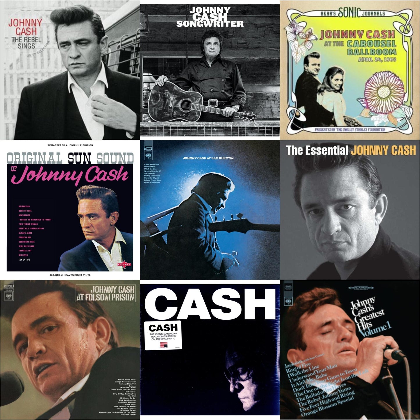 This is a 9 LP Vinyl SKU bundle.
1.This LP Vinyl is brand new.Format: LP VinylThis item's title is: Rebel Sings (Crystal Clear & Solid Silver LP Vinyl)Artist: Johnny CashBarcode: 8719039006779Release Date: 7/12/2024
2.This LP Vinyl is brand new.