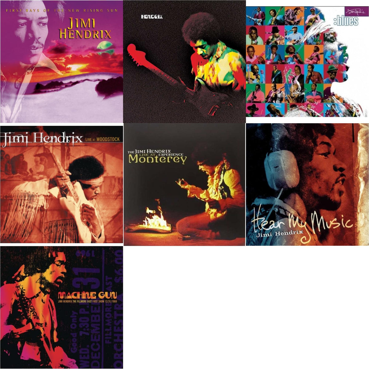 Jimi Hendrix - First Rays Of The New Rising Sun (2LP/150G) & Band Of Gypsys (180G/50Th Anniversary/Booklet/Images/Essay By John Mcdermott/Poster) & Blues (2LP/180G/Gatefold) & Live At Woodstock & Live At Monterey (180G) & Hear My Music (2LP/Gatefold)