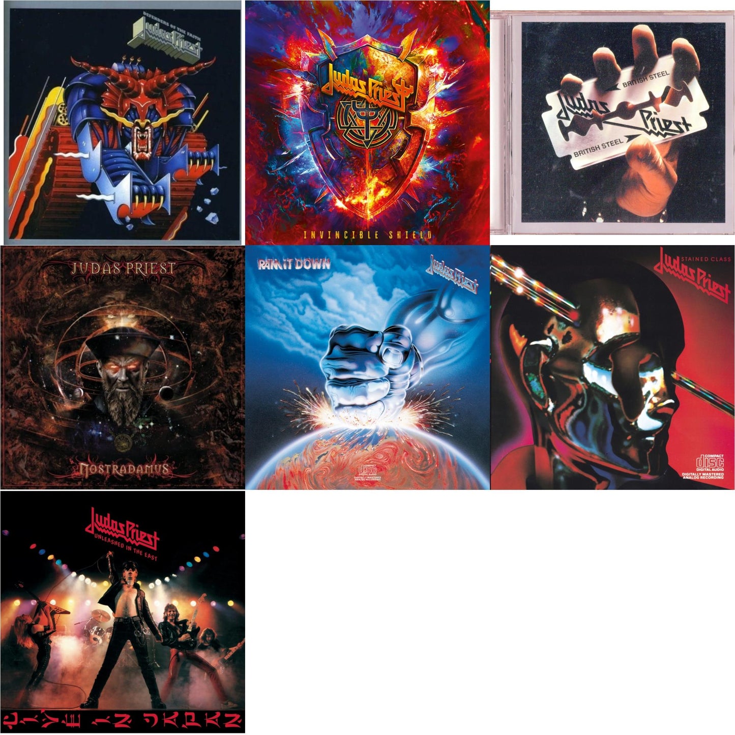 Invincible Shield & Defenders Of The Faith & British Steel & Nostradamus & Ram It Down & Stained Class & Unleashed In The East