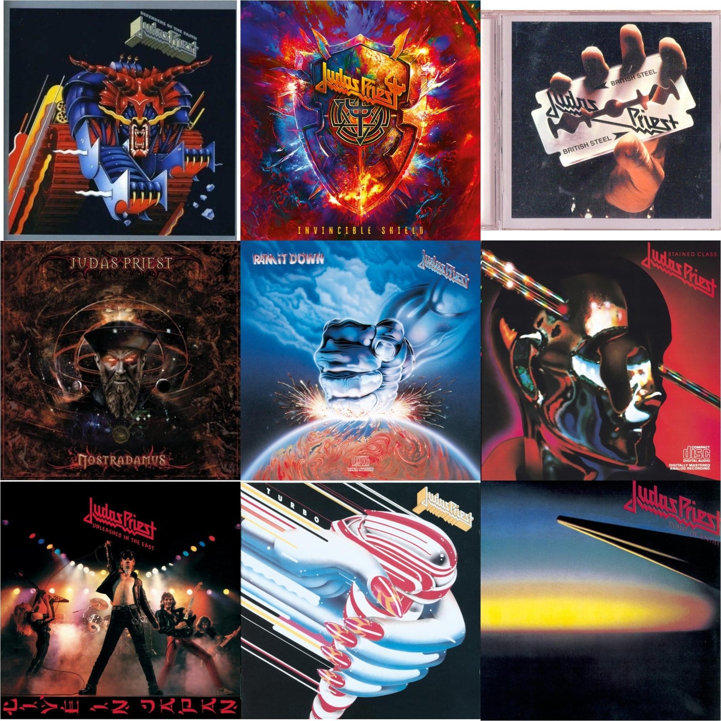Invincible Shield & Defenders Of The Faith & British Steel & Nostradamus & Ram It Down & Stained Class & Turbo & Point Of Entry & Unleashed In The East