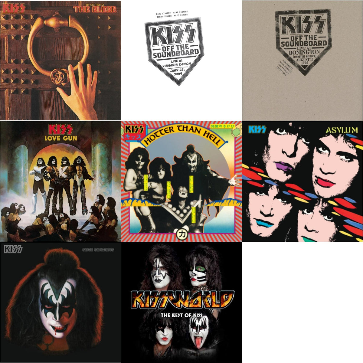 Music From The Elder (Half-Speed Master/Clear LP Vinyl/180G) & Kiss Off The Soundboard: Live In Virginia Beach (3LP) & Kiss Off The Soundboard: Donington 1996 (Live) (3LP) & Love Gun (Tangerine/Aqua Splatter LP Vinyl) & Hotter Than Hell & Asylum