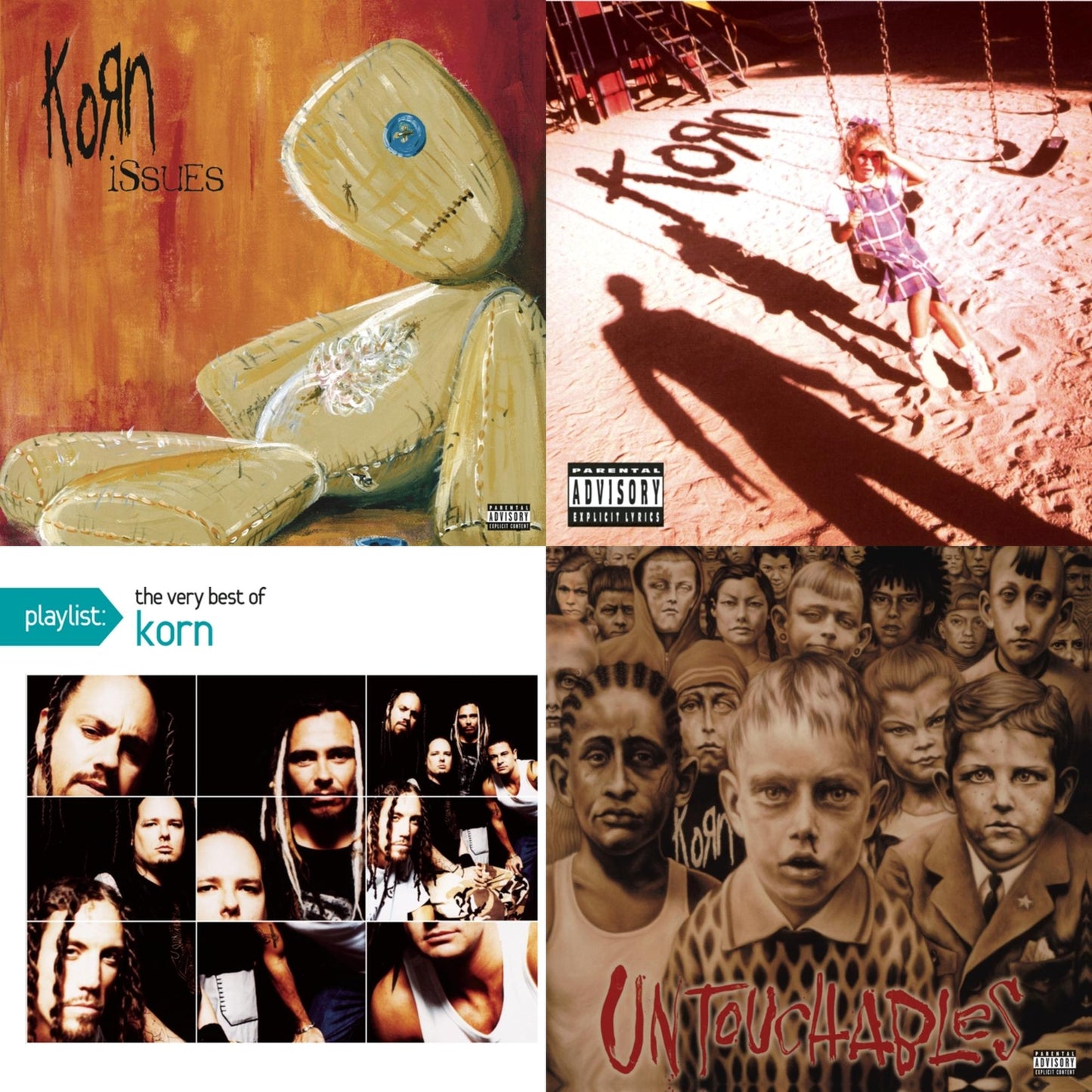 This is a 4 CD SKU bundle.
1.This CD is brand new.Format: CDMusic Style: Nu MetalThis item's title is: Korn (Explicit)Artist: KornLabel: LEGACYBarcode: 886978795120Release Date: 3/15/2011
2.This CD is brand new.