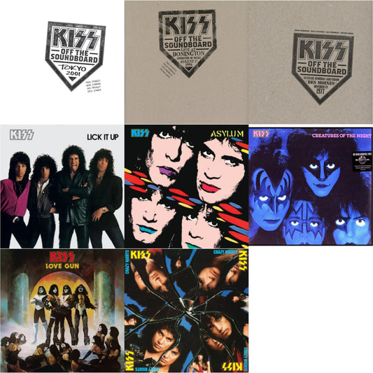 Kiss Off The Soundboard: Tokyo 2001 (3LP) & Kiss Off The Soundboard: Donington 1996 (Live) (3LP) & Kiss Off The Soundboard: Live In Des Moines (2LP) & Lick It Up & Asylum & Creatures Of Night & Love Gun & Crazy Nights