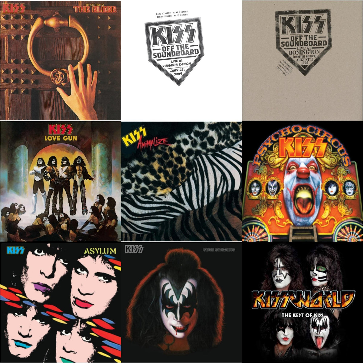 Music From The Elder (Half-Speed Master/Clear LP Vinyl/180G) & Kiss Off The Soundboard: Live In Virginia Beach (3LP) & Kiss Off The Soundboard: Donington 1996 (Live) (3LP) & Love Gun (Tangerine/Aqua Splatter LP Vinyl) & Animalize & Psycho Circus