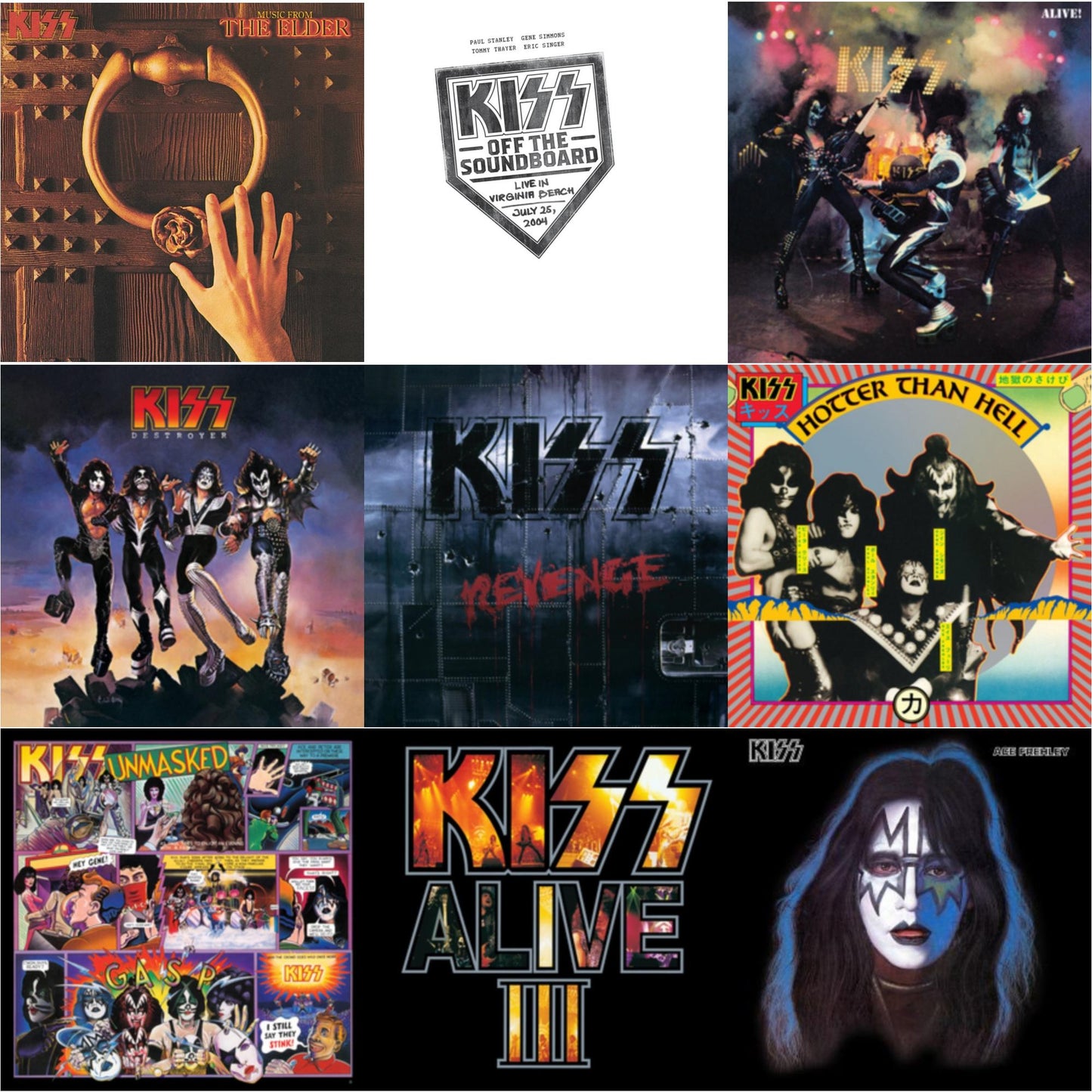 Music From The Elder (Half-Speed Master/Clear LP Vinyl/180G) & Kiss Off The Soundboard: Live In Virginia Beach (3LP) & Alive & Destroyer & Revenge & Hotter Than Hell & Unmasked & Alive Iii & Ace Frehley