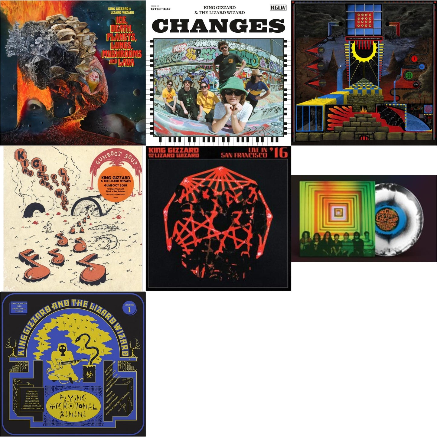 King Gizzard & The Lizard Wizard - Ice, Death, Planets, Lungs, Mushrooms & Lava (2LP/Recycled Black Wax Vinyl) & Changes (Recycled Black Wax LP Vinyl) & Polygondwanaland & Gumboot Soup & Live In San Francisco '16 (Deluxe/2LP/Fog/Sunburst Vinyl) &