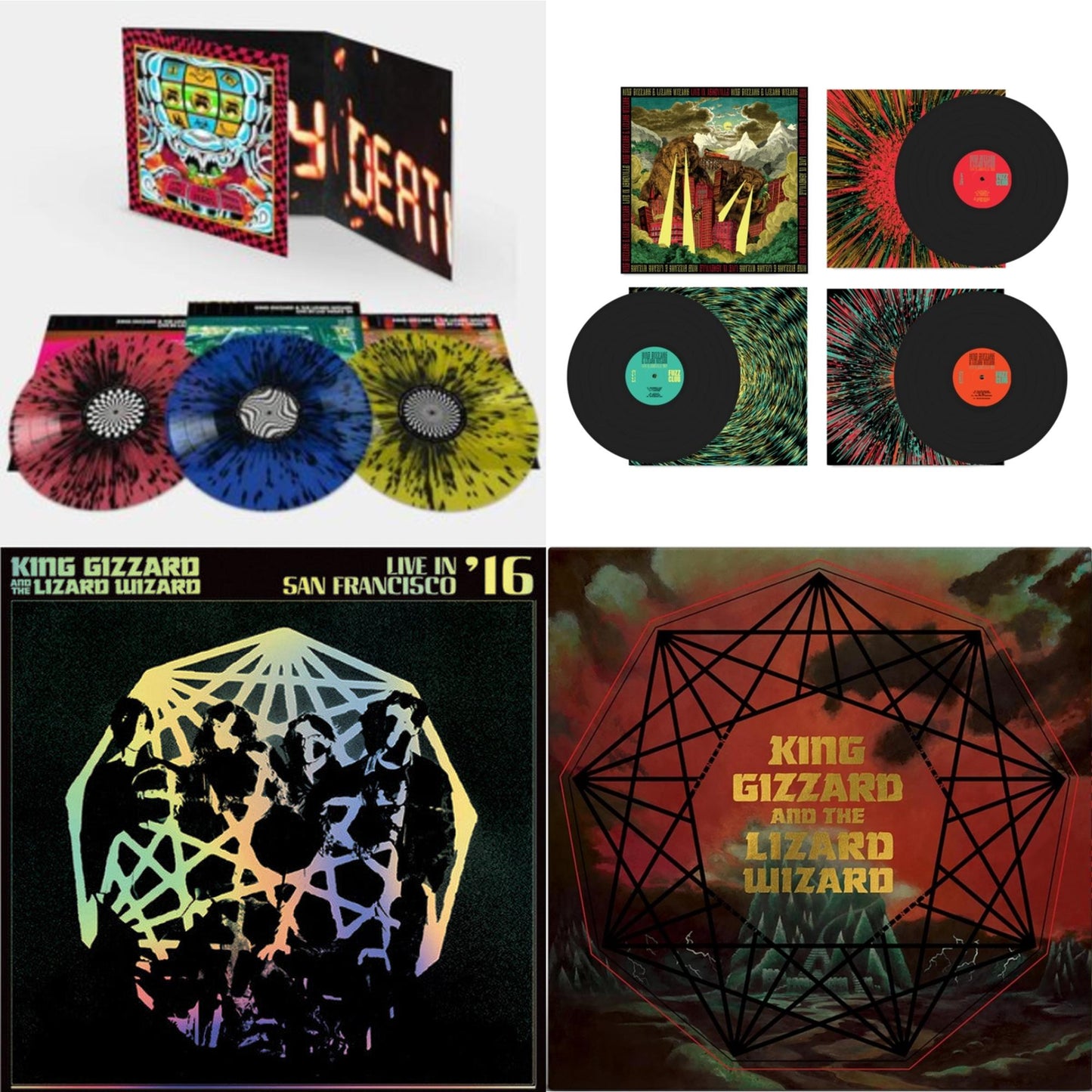 King Gizzard - Live In Las Vegas 24 (Splatter LP Vinyl) & Live In Adelaide '19 (Fuzz Club Official Bootleg) & Live In San Francisco '16 (Deluxe/2LP/Fog/Sunburst Vinyl) & Nonagon Infinity (Alien Warp Drive Edition) (2LP/Coloured Vinyl)