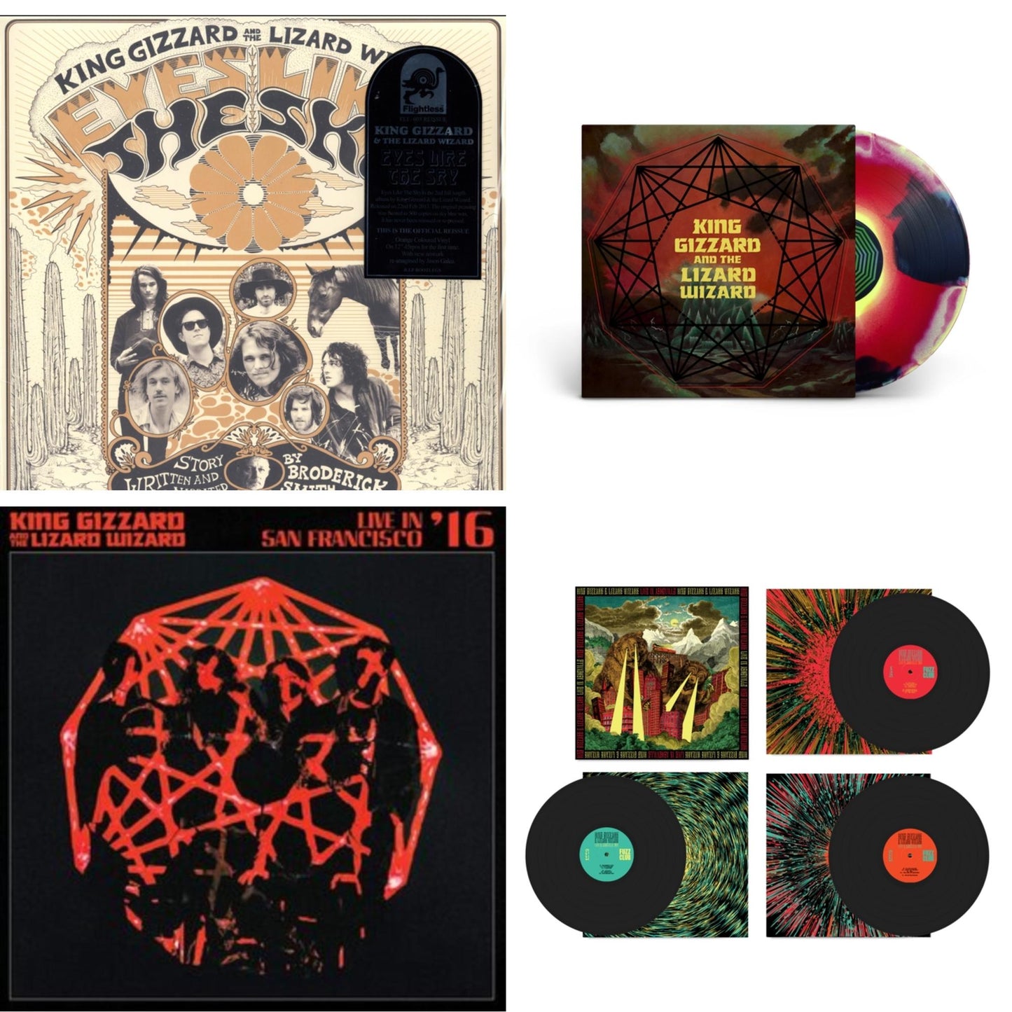 This is a 4 LP Vinyl SKU bundle.
1.This LP Vinyl is brand new.Format: LP VinylThis item's title is: Eyes Likes The Sky (Peach LP Vinyl)Artist: King Gizzard & The Lizard WizardLabel: ATO RECORDSBarcode: 880882339418Release Date: 11/2/2018
2.This LP Vinyl is brand new.