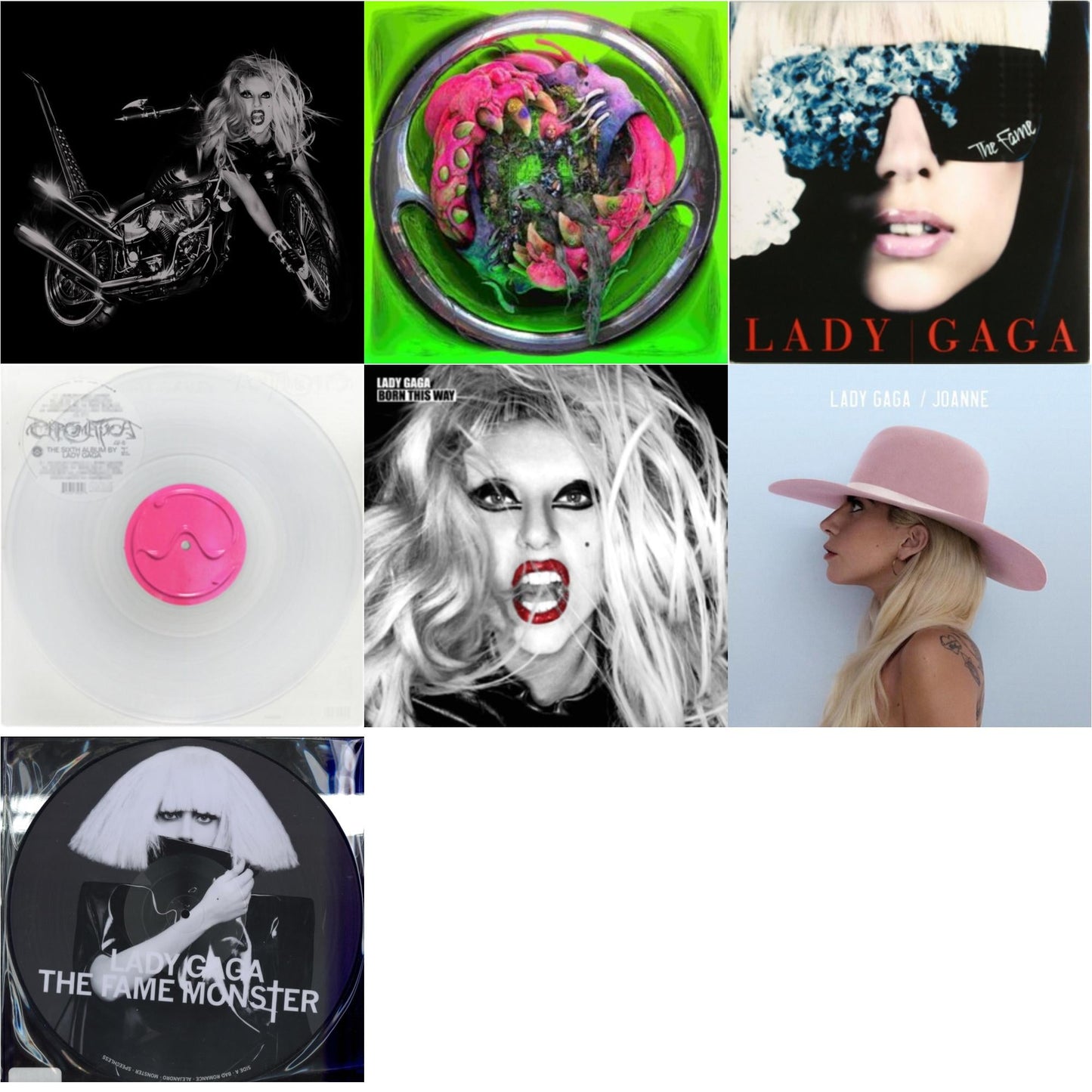 Born This Way - The Tenth Anniversary (3LP) & Dawn Of Chromatica (Clear LP Vinyl) & Chromatica (Milky Clear LP Vinyl) & Fame & Fame Monster & Born This Way & Joanne
