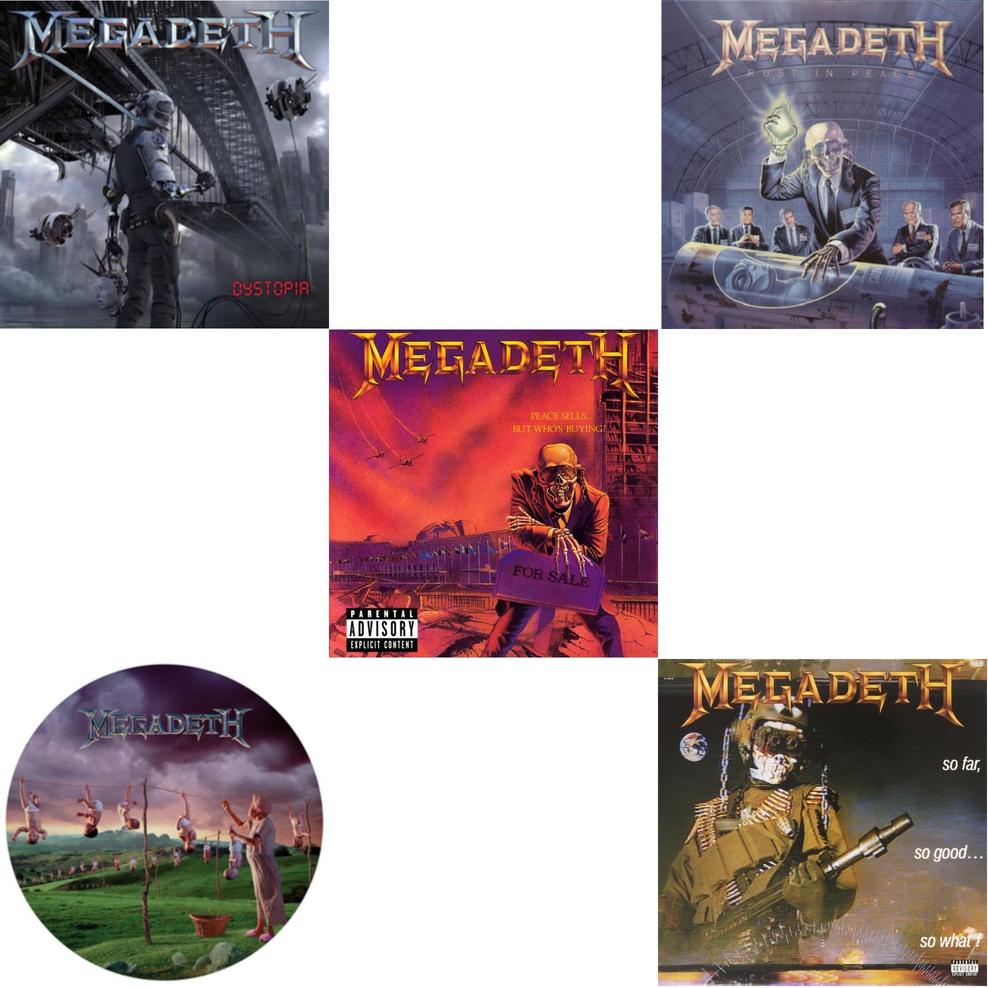 This is a 5 LP Vinyl SKU bundle.
1.This LP Vinyl is brand new.Format: LP VinylMusic Style: Heavy MetalThis item's title is: Peace Sells But Who's BuyingArtist: MegadethLabel: CAPITOLBarcode: 077771252617Release Date: 10/28/2008
2.This LP Vinyl is brand new.