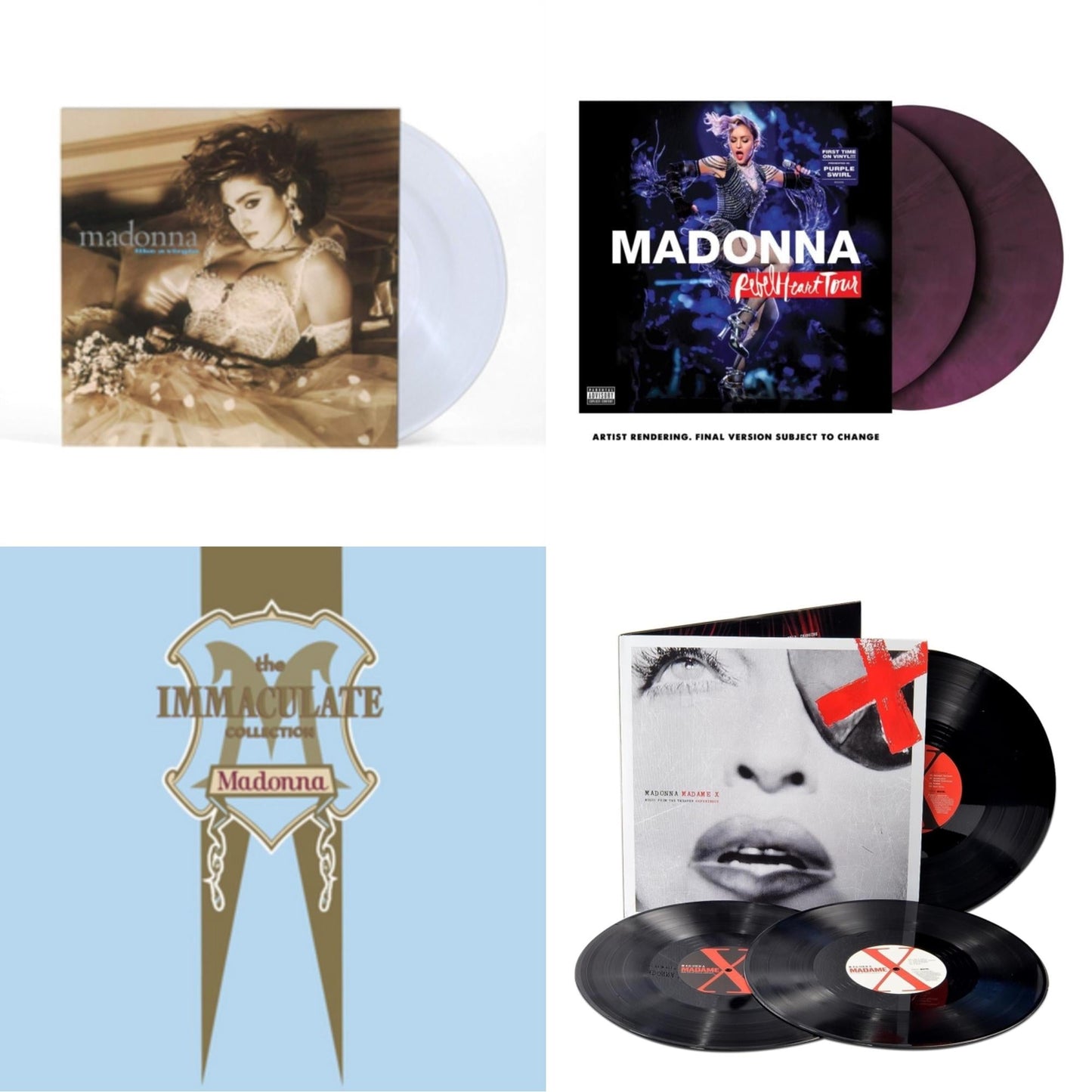 This is a 4 LP Vinyl SKU bundle.
1.This LP Vinyl is brand new.Format: LP VinylMusic Style: Dance-popThis item's title is: Rebel Heart Tour (X) (Purple Galaxy Swirl Vinyl/2LP)Artist: MadonnaLabel: MERCURY STUDIOSBarcode: 602445230662Release Date: 9/9/2022
2.This LP Vinyl is brand new.