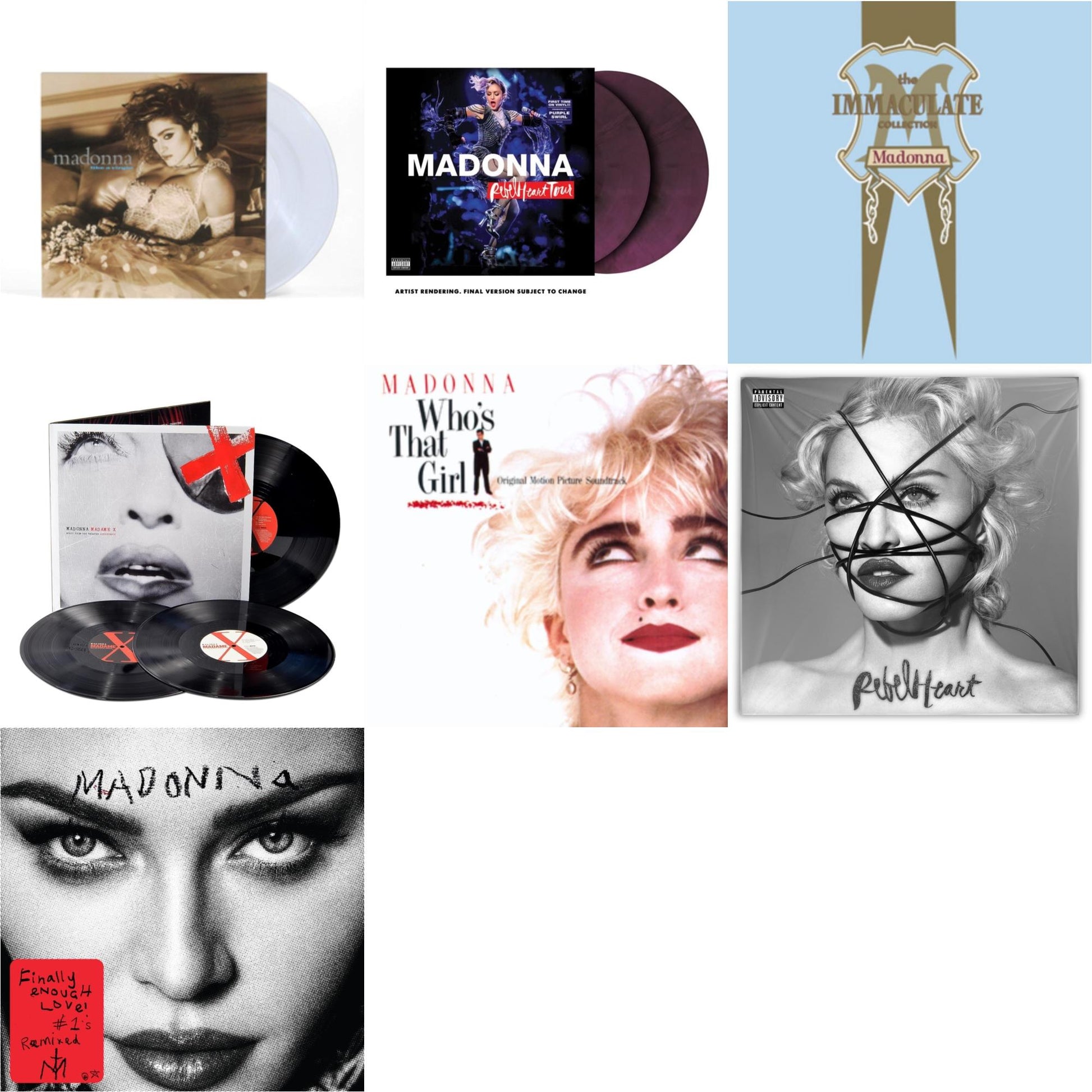 This is a 7 LP Vinyl SKU bundle.
1.This LP Vinyl is brand new.Format: LP VinylMusic Style: Dance-popThis item's title is: Rebel Heart Tour (X) (Purple Galaxy Swirl Vinyl/2LP)Artist: MadonnaLabel: MERCURY STUDIOSBarcode: 602445230662Release Date: 9/9/2022
2.This LP Vinyl is brand new.