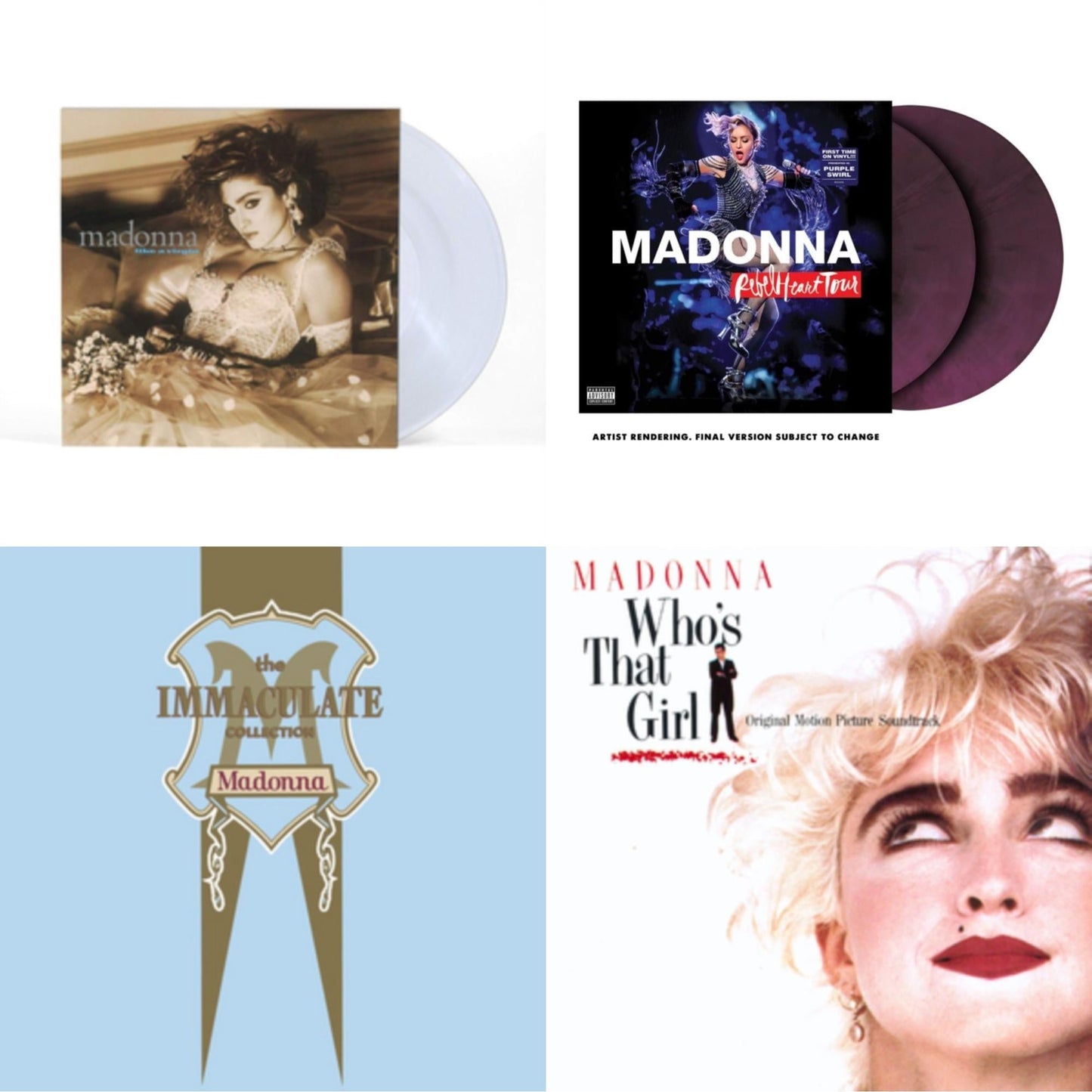 This is a 4 LP Vinyl SKU bundle.
1.This LP Vinyl is brand new.Format: LP VinylMusic Style: Dance-popThis item's title is: Rebel Heart Tour (X) (Purple Galaxy Swirl Vinyl/2LP)Artist: MadonnaLabel: MERCURY STUDIOSBarcode: 602445230662Release Date: 9/9/2022
2.This LP Vinyl is brand new.