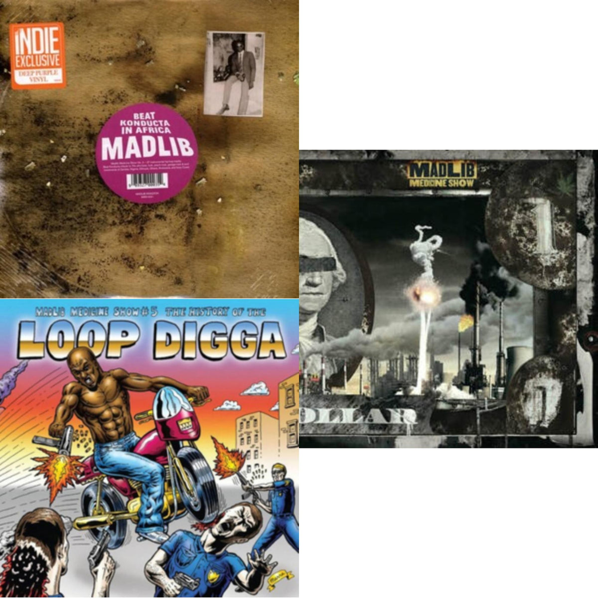 Madlib - Medicine Show #3 - Beat Konducta In Africa (2LP/Deep Purple Vinyl) (I) & Medicine Show No. 5 - History Of The Loop Digga: 1990-2000 (2LP/Sky Blue Vinyl) (I) & Before The Verdict (Gold Vinyl/2LP)