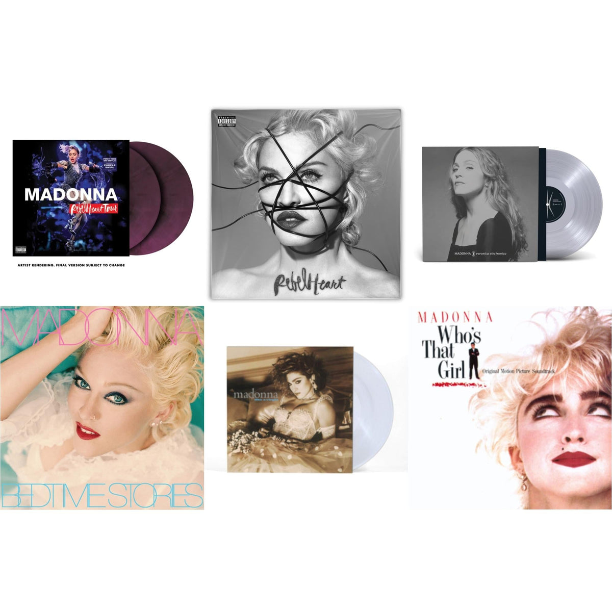 Rebel Heart Tour (X) (Purple Galaxy Swirl Vinyl/2LP) & Rebel Heart & Veronica Electronica (Clear LP Vinyl) & Bedtime Stories (The Silver Collection) (Silver LP Vinyl) & Like A Virgin (Clear LP Vinyl) & Who's That Girl Ost (Back 2 The 80S) (I)