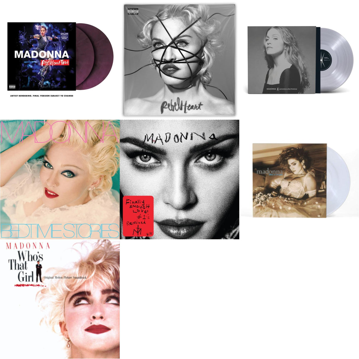 Rebel Heart Tour (X) (Purple Galaxy Swirl Vinyl/2LP) & Rebel Heart & Veronica Electronica (Clear LP Vinyl) & Bedtime Stories (The Silver Collection) (Silver LP Vinyl) & Finally Enough Love (2LP) & Like A Virgin (Clear LP Vinyl)