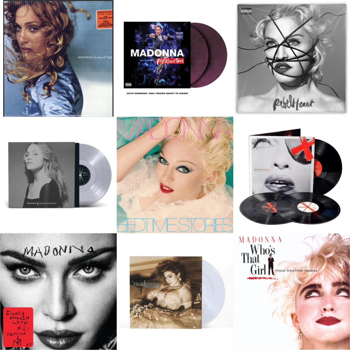 Ray Of Light (2LP/180G) & Rebel Heart Tour (X) (Purple Galaxy Swirl Vinyl/2LP) & Rebel Heart & Veronica Electronica (Clear LP Vinyl) & Bedtime Stories (The Silver Collection) (Silver LP Vinyl) & Madame X (Live) (3LP) & Finally Enough Love (2LP)