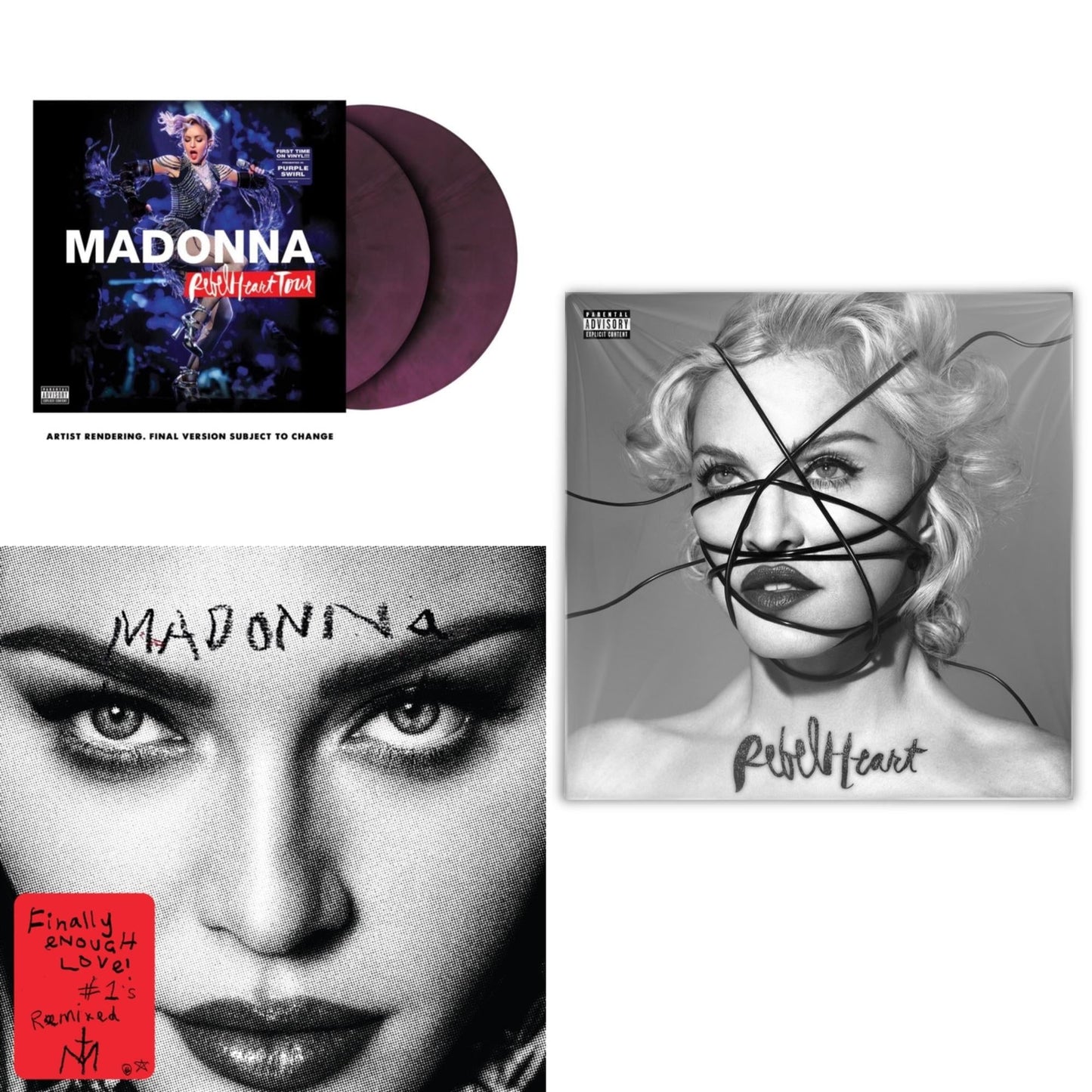 This is a 3 LP Vinyl SKU bundle.
1.This LP Vinyl is brand new.Format: LP VinylMusic Style: Dance-popThis item's title is: Rebel Heart Tour (X) (Purple Galaxy Swirl Vinyl/2LP)Artist: MadonnaLabel: MERCURY STUDIOSBarcode: 602445230662Release Date: 9/9/2022
2.This LP Vinyl is brand new.