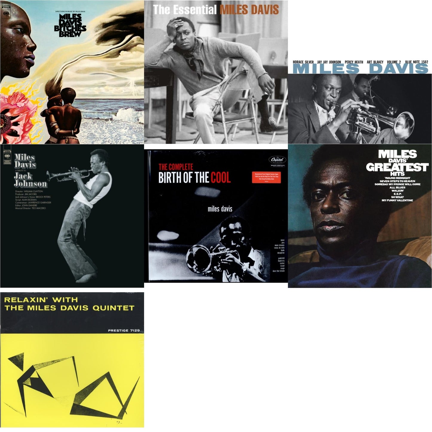 Relaxin With The Miles Davis Quintet & Bitches Brew (2LP/140G) & Tribute To Jack Johnson (140G/Dl Insert) & Volume 2 (Blue Note Classic LP Vinyl Series) & Complete Birth Of The Cool (2LP) & Essential Miles Davis (2LP) & Greatest Hits (1969) (150G/Dl Code)