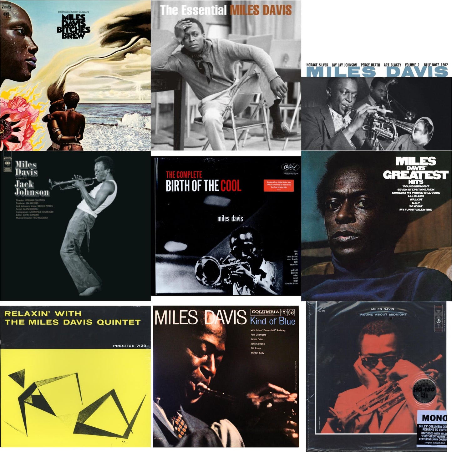 Miles Davis - Relaxin With The Miles Davis Quintet & Bitches Brew (2LP/140G) & Tribute To Jack Johnson (140G/Dl Insert) & Volume 2 (Blue Note Classic LP Vinyl Series) & Complete Birth Of The Cool (2LP) & Round About Midnight (180G/Mono) & Kind Of