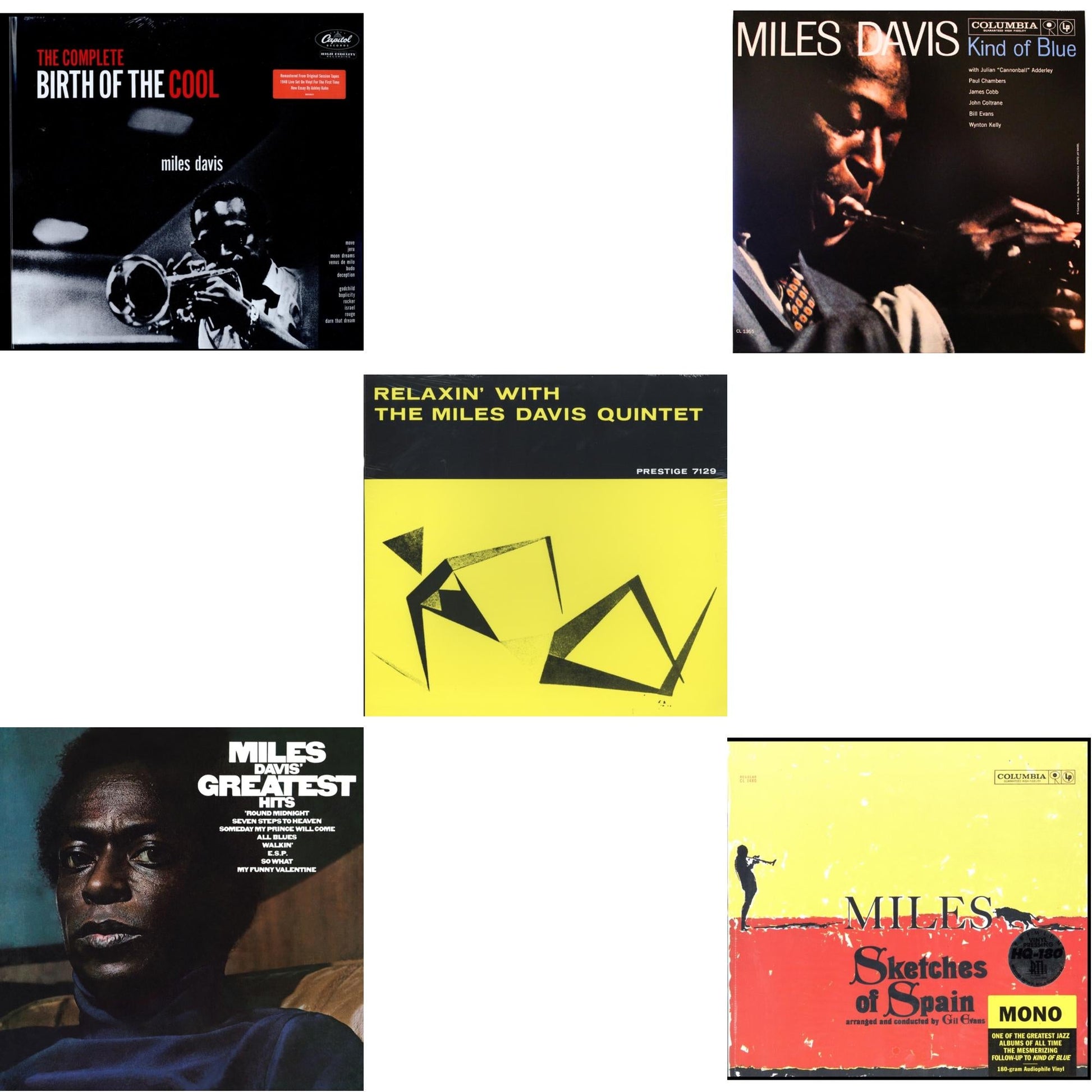 This is a 5 LP Vinyl SKU bundle.
1.This LP Vinyl is brand new.Format: LP VinylMusic Style: Hard BopThis item's title is: Relaxin With The Miles Davis QuintetArtist: Miles DavisLabel: FANTASYBarcode: 025218119016Release Date: 9/16/2011
2.This LP Vinyl is brand new.
