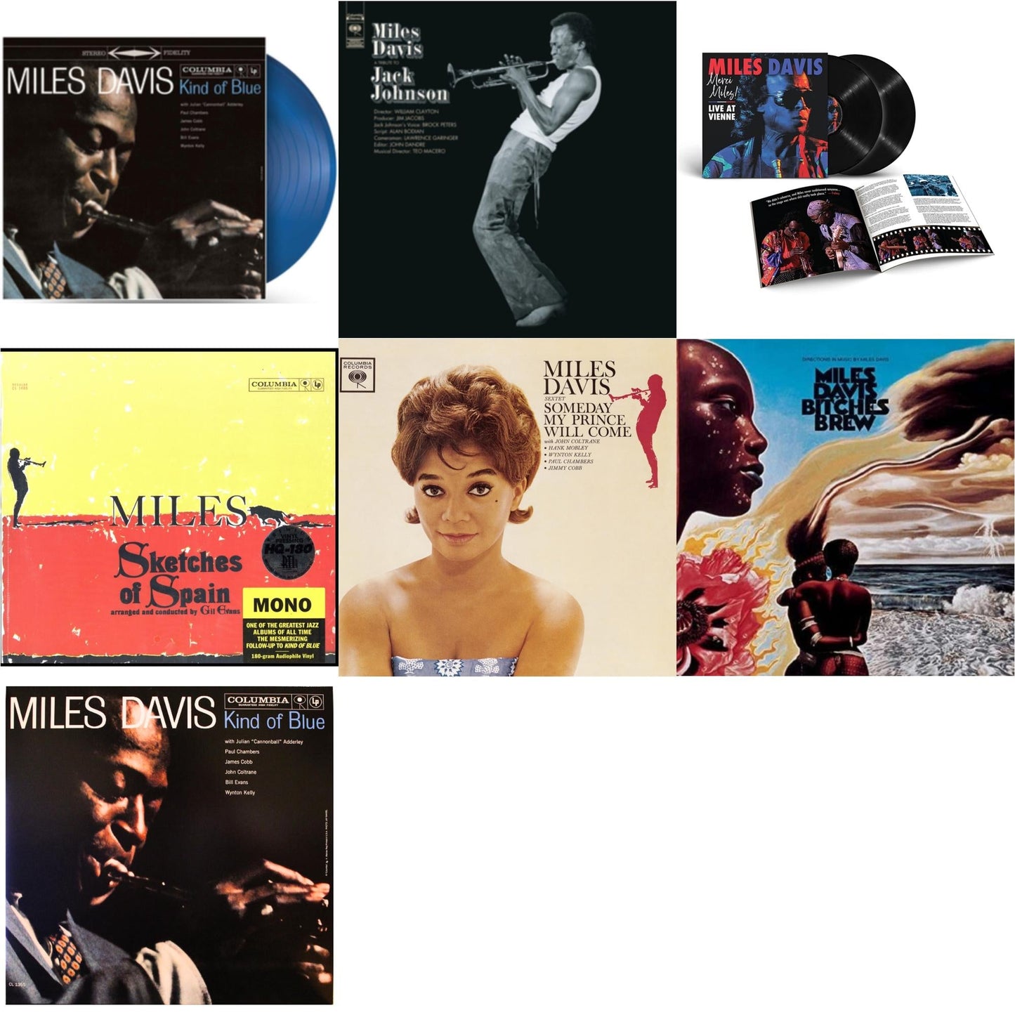 Kind Of Blue (Blue LP Vinyl/Dl Code) & Tribute To Jack Johnson (140G/Dl Insert) & Merci, Miles! Live At Vienne (2LP) & Sketches Of Spain (Mono) & Someday My Prince Will Come (180G) & Bitches Brew & Kind Of Blue (Mono)