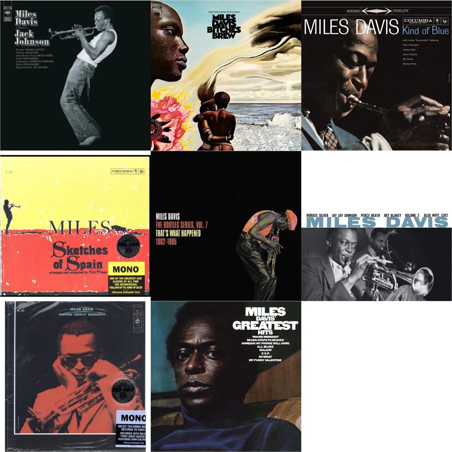 Miles Davis - Bitches Brew (2LP/140G) & Tribute To Jack Johnson (140G/Dl Insert) & Bootleg Series Vol. 7: That’S What Happened 1982-1985 (2LP/White Vinyl) & Volume 2 (Blue Note Classic LP Vinyl Series) & Kind Of Blue (180G) & Sketches Of Spain (Mono)