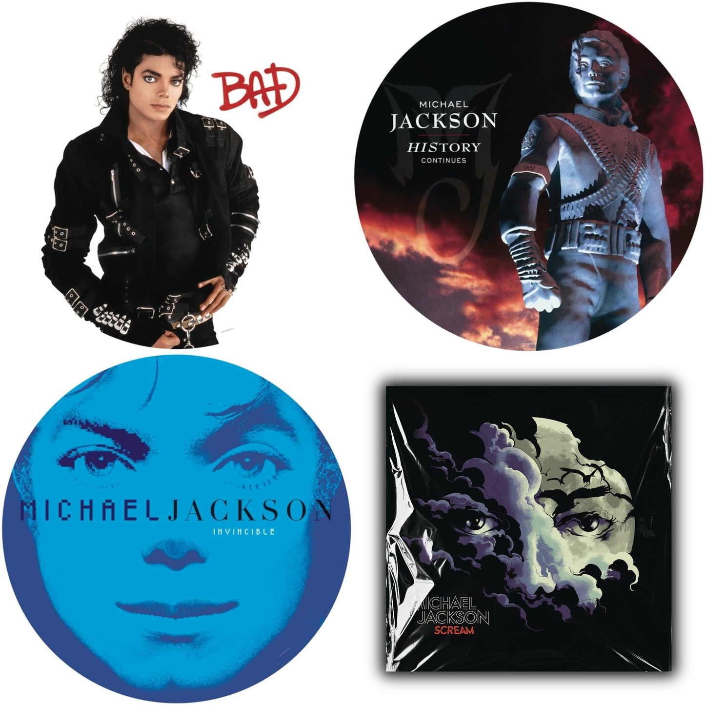 This is a 4 LP Vinyl SKU bundle.
1.This LP Vinyl is brand new.Format: LP VinylMusic Style: DiscoThis item's title is: Bad (Picture Disc)Artist: Michael JacksonLabel: LEGACY/ EPICBarcode: 190758664316Release Date: 8/24/2018
2.This LP Vinyl is brand new.