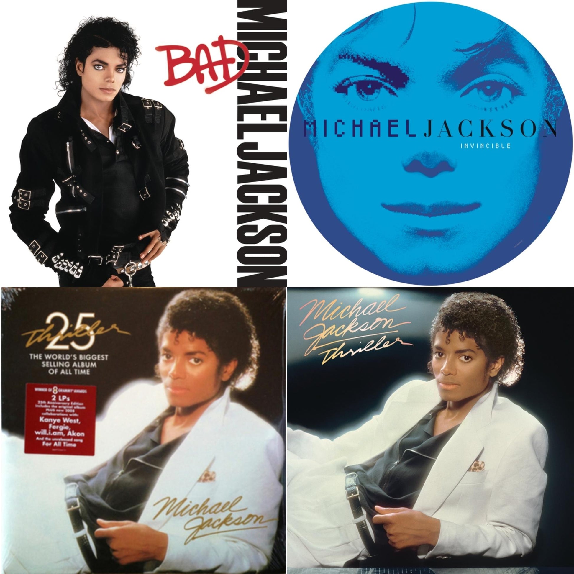 This is a 4 LP Vinyl SKU bundle.
1.This LP Vinyl is brand new.Format: LP VinylMusic Style: Contemporary R&BThis item's title is: Invincible (2LP/Picture Disc)Artist: Michael JacksonLabel: LEGACY/ EPICBarcode: 190758664613Release Date: 8/24/2018
2.This LP Vinyl is brand new.