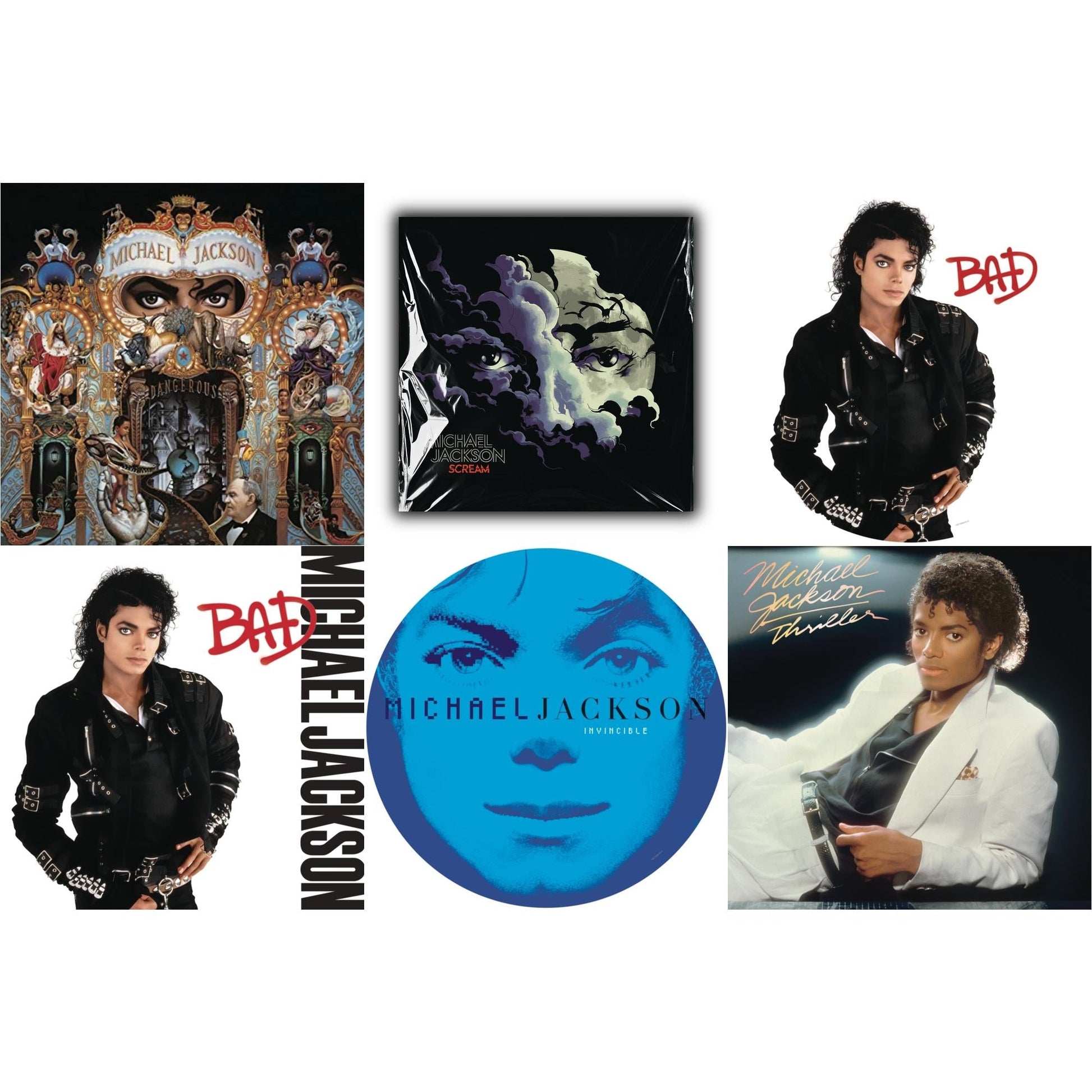 This is a 6 LP Vinyl SKU bundle.
1.This LP Vinyl is brand new.Format: LP VinylMusic Style: DiscoThis item's title is: Bad (Picture Disc)Artist: Michael JacksonLabel: LEGACY/ EPICBarcode: 190758664316Release Date: 8/24/2018
2.This LP Vinyl is brand new.