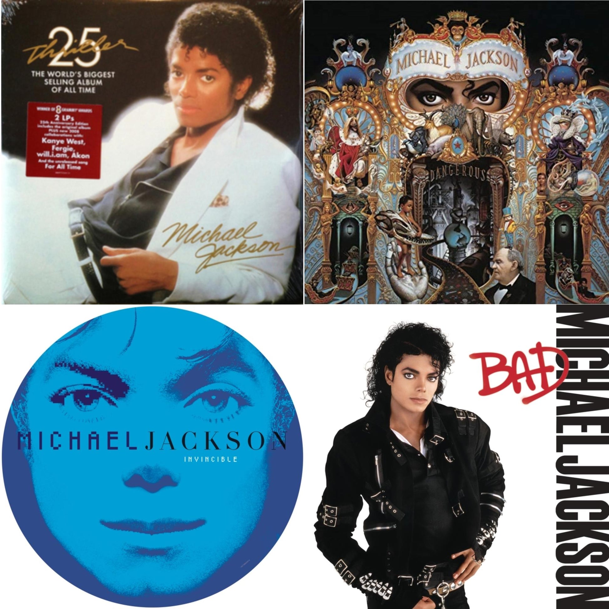 This is a 4 LP Vinyl SKU bundle.
1.This LP Vinyl is brand new.Format: LP VinylMusic Style: Contemporary R&BThis item's title is: Invincible (2LP/Picture Disc)Artist: Michael JacksonLabel: LEGACY/ EPICBarcode: 190758664613Release Date: 8/24/2018
2.This LP Vinyl is brand new.