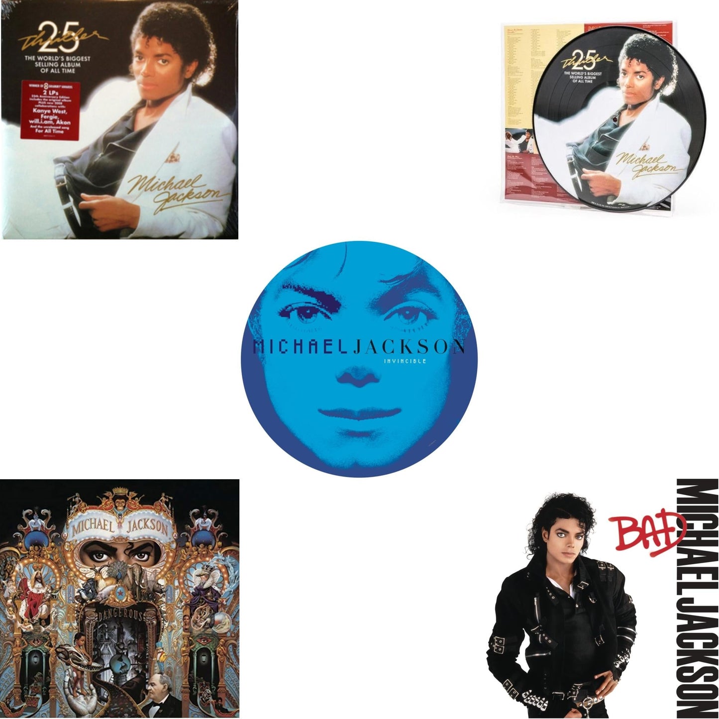 This is a 5 LP Vinyl SKU bundle.
1.This LP Vinyl is brand new.Format: LP VinylMusic Style: Contemporary R&BThis item's title is: Invincible (2LP/Picture Disc)Artist: Michael JacksonLabel: LEGACY/ EPICBarcode: 190758664613Release Date: 8/24/2018
2.This LP Vinyl is brand new.