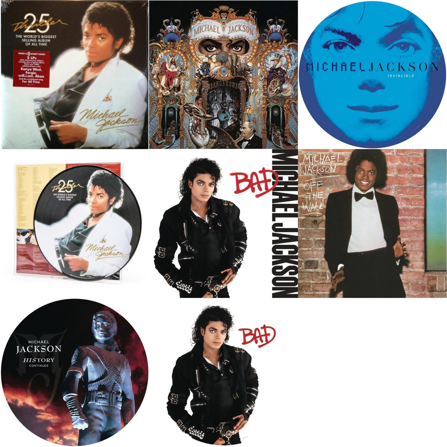 This is a 8 LP Vinyl SKU bundle.
1.This LP Vinyl is brand new.Format: LP VinylMusic Style: DiscoThis item's title is: Bad (Picture Disc)Artist: Michael JacksonLabel: LEGACY/ EPICBarcode: 190758664316Release Date: 8/24/2018
2.This LP Vinyl is brand new.